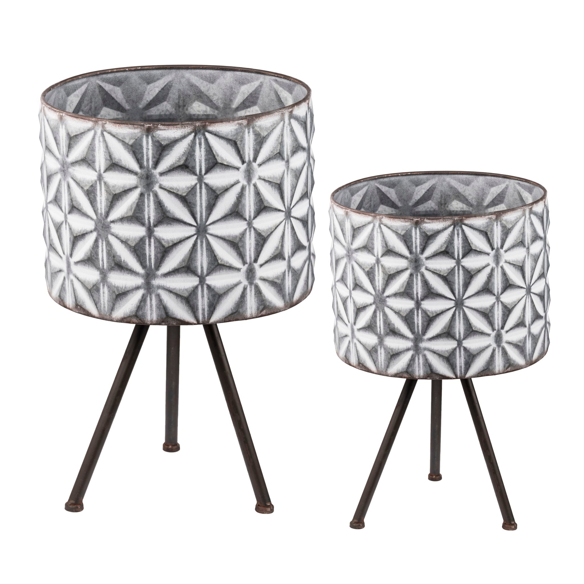 Metal Planter Stand, Round Galvanized Farmhouse Planter (Set of 2) - Gray