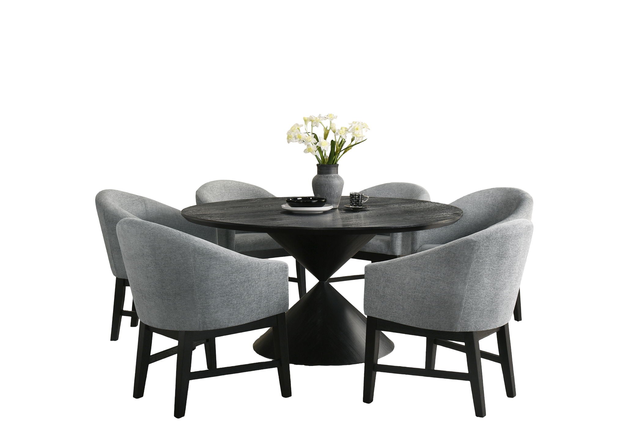 Haven 7Pc 59" Round Ebony Black Pedestal Dining Set with Hourglass Table Base and Gray Barrel Chairs
