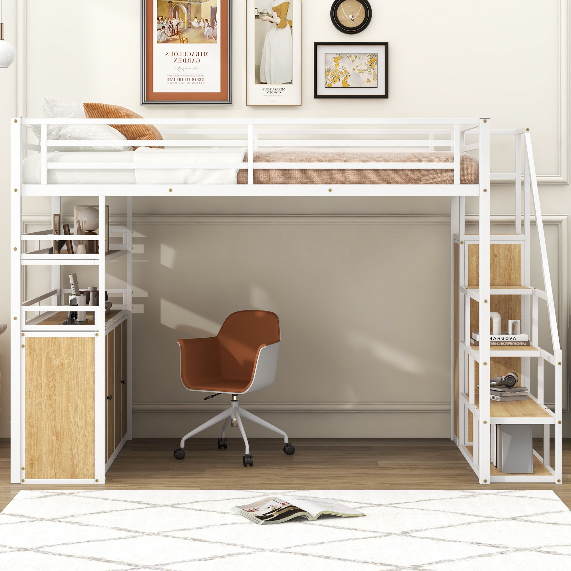 Full Size Loft Bed With Storage Staircase, Wardrobe, Shelves, And Lockers Natural Mdf Details - White / Natural