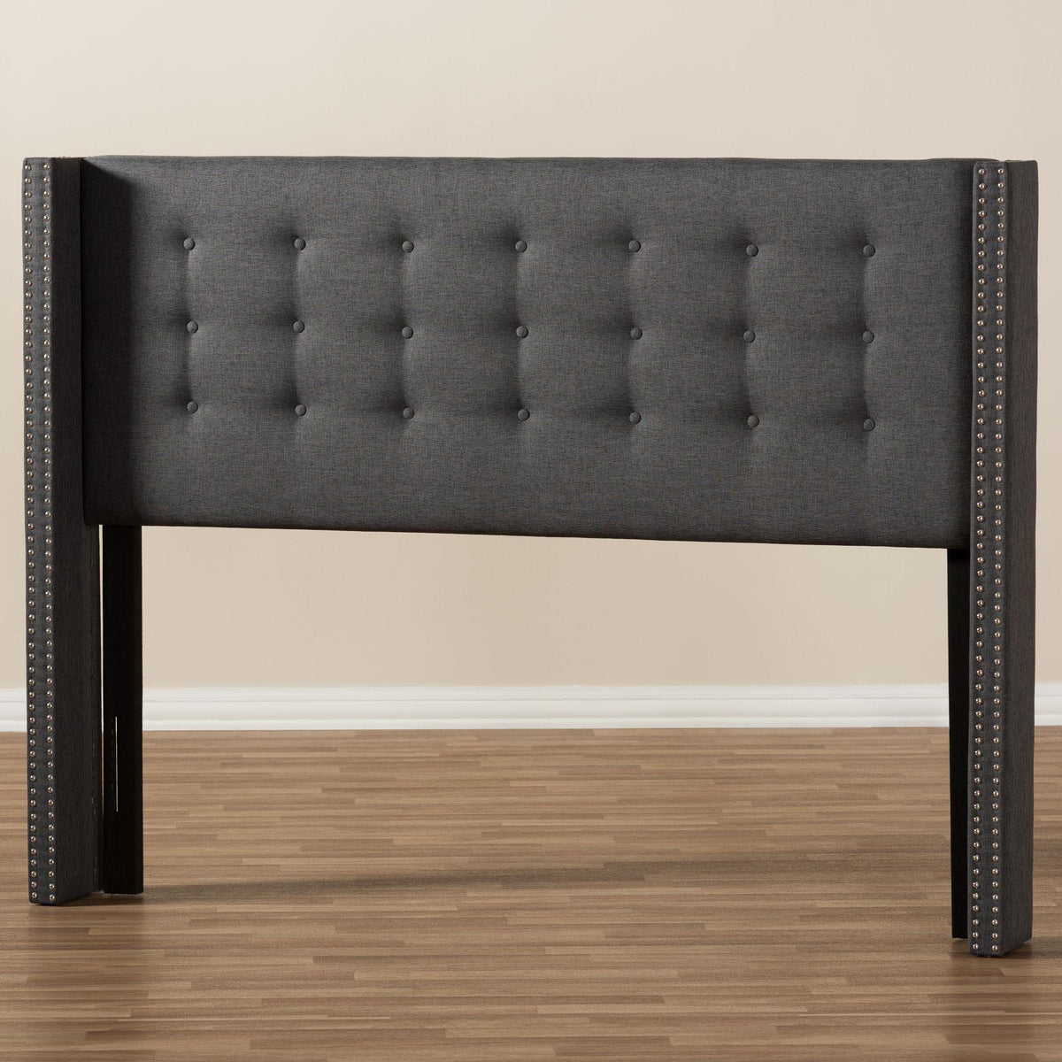 Ginaro Modern And Contemporary Dark Grey Fabric Button-Tufted Nail head King Size Winged Headboard