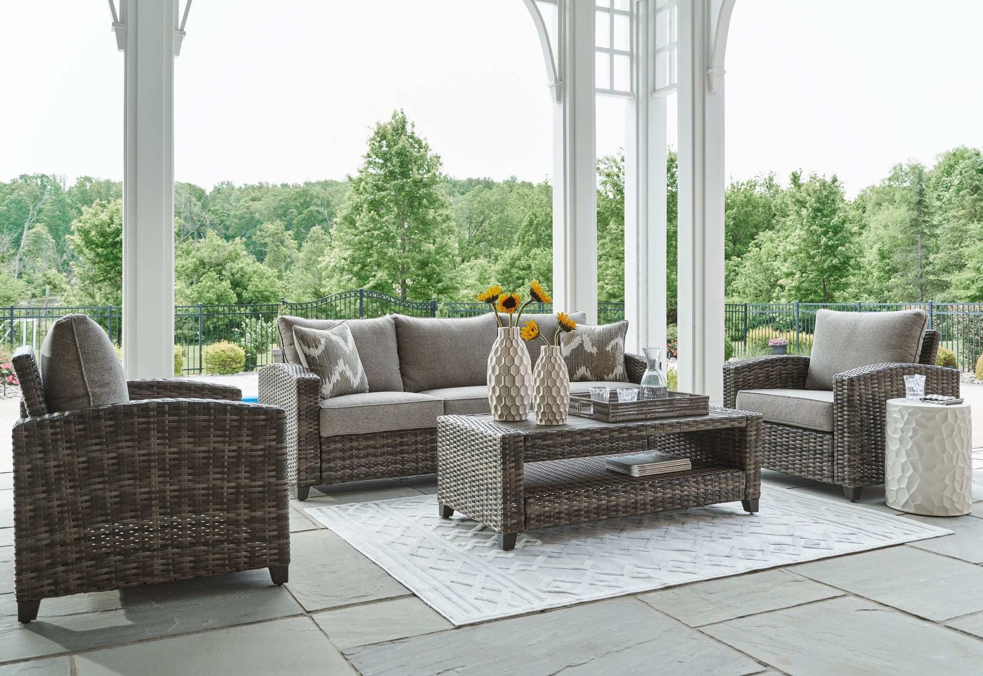 Signature Design by Ashley® Oasis Court - Gray - Sofa, Chairs, Table Set (Set of 4) | Meri Furniture
