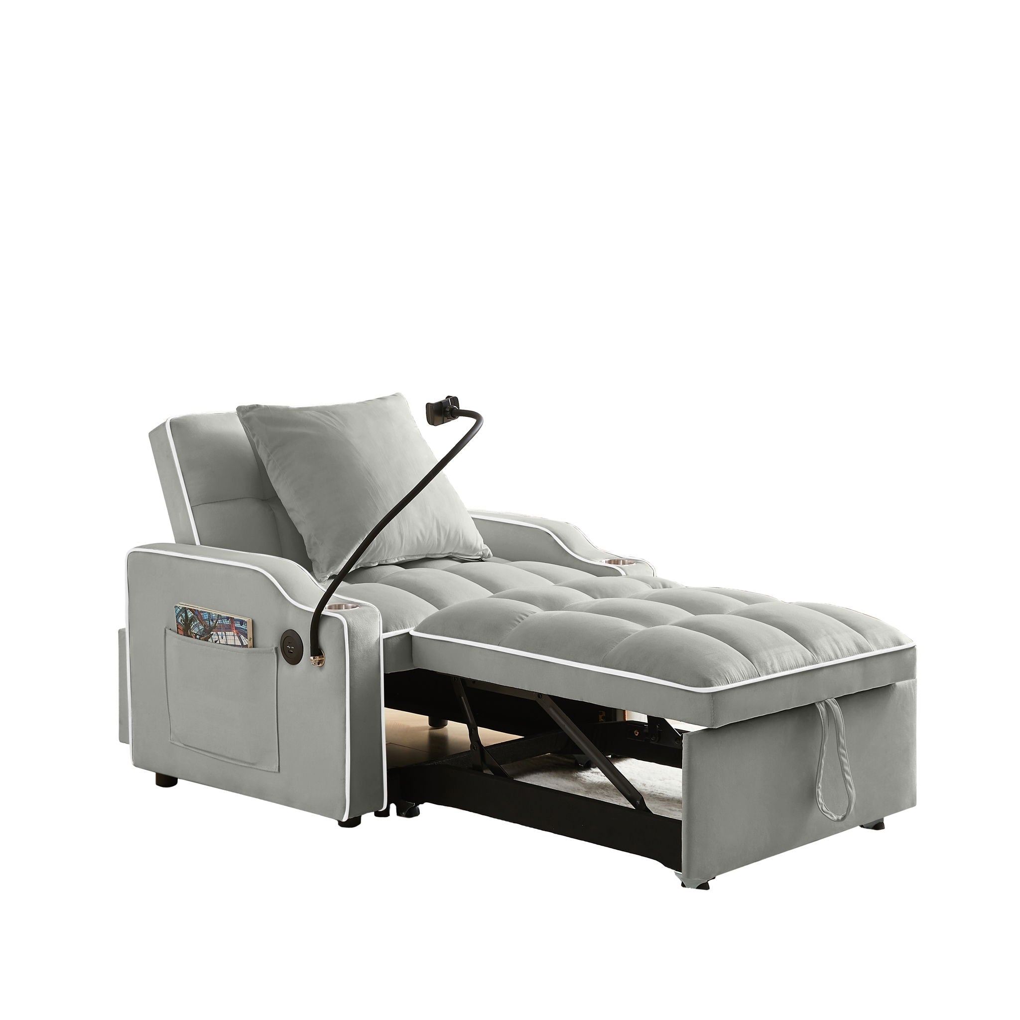 Convertible Velvet 3 In 1 Sofa Bed With Adjustable Sleeper Chair And Multi Pockets