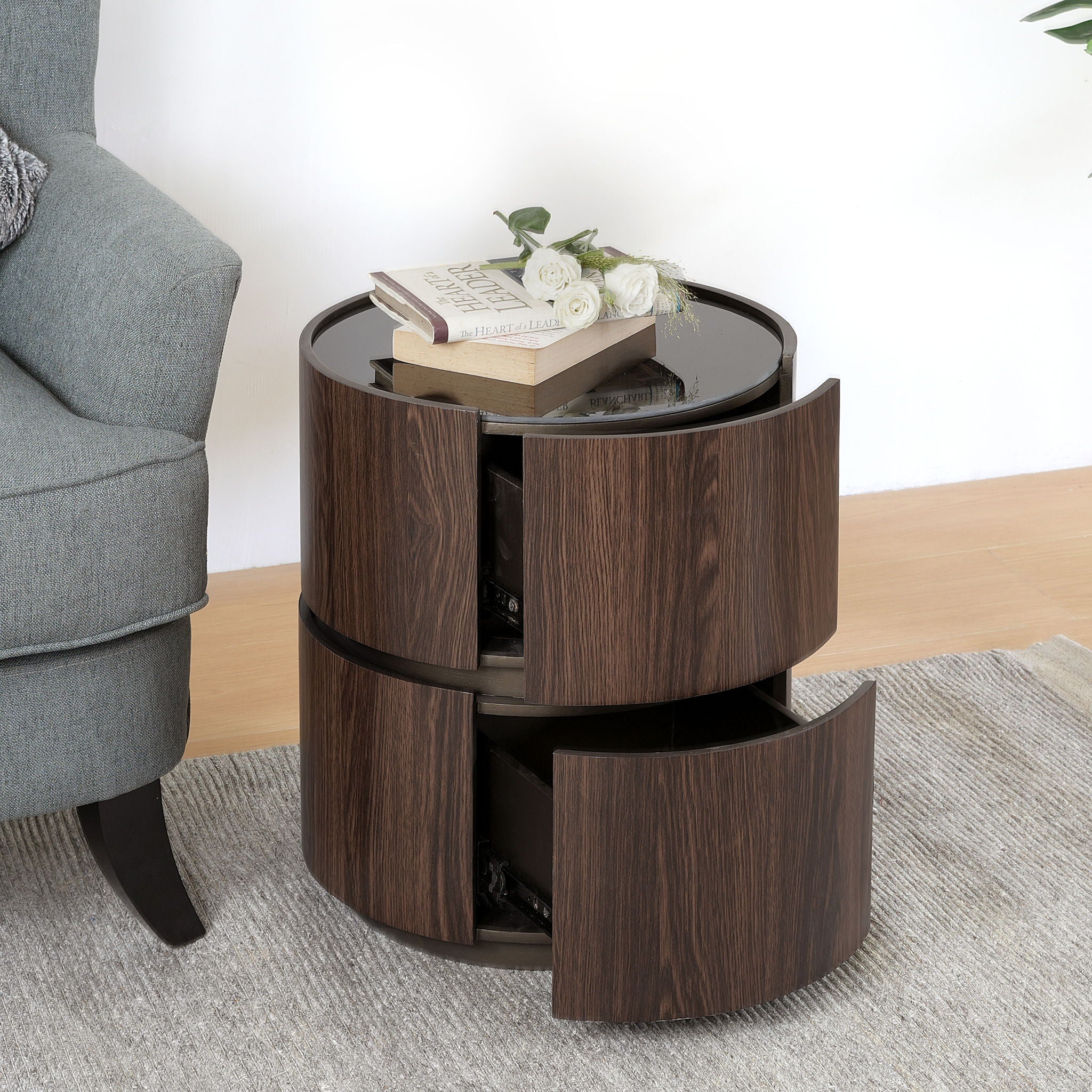 Elegant Italian High Grade Double Layer Storage Round Side Table - Brown / Black