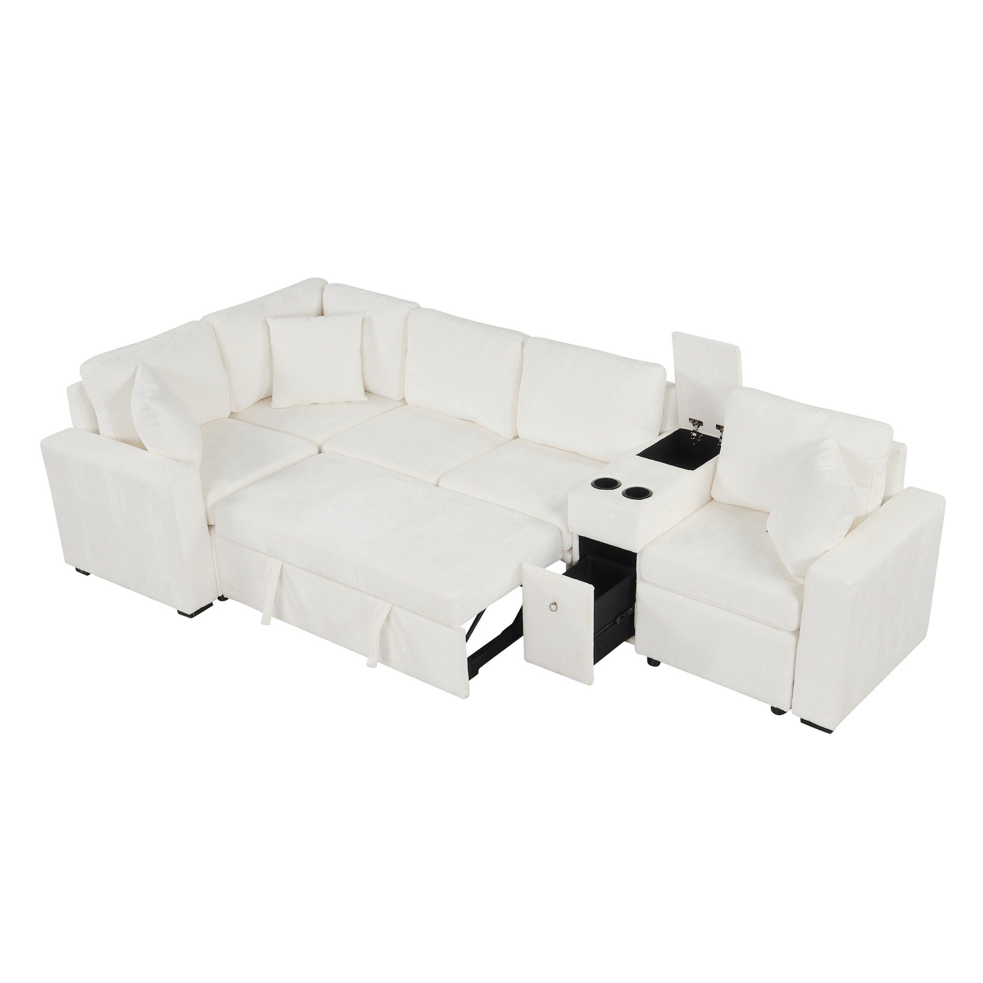 Contemporary L Shaped Convertible Sofa Bed With Pull Out Bed, Cup Holders, And Storage