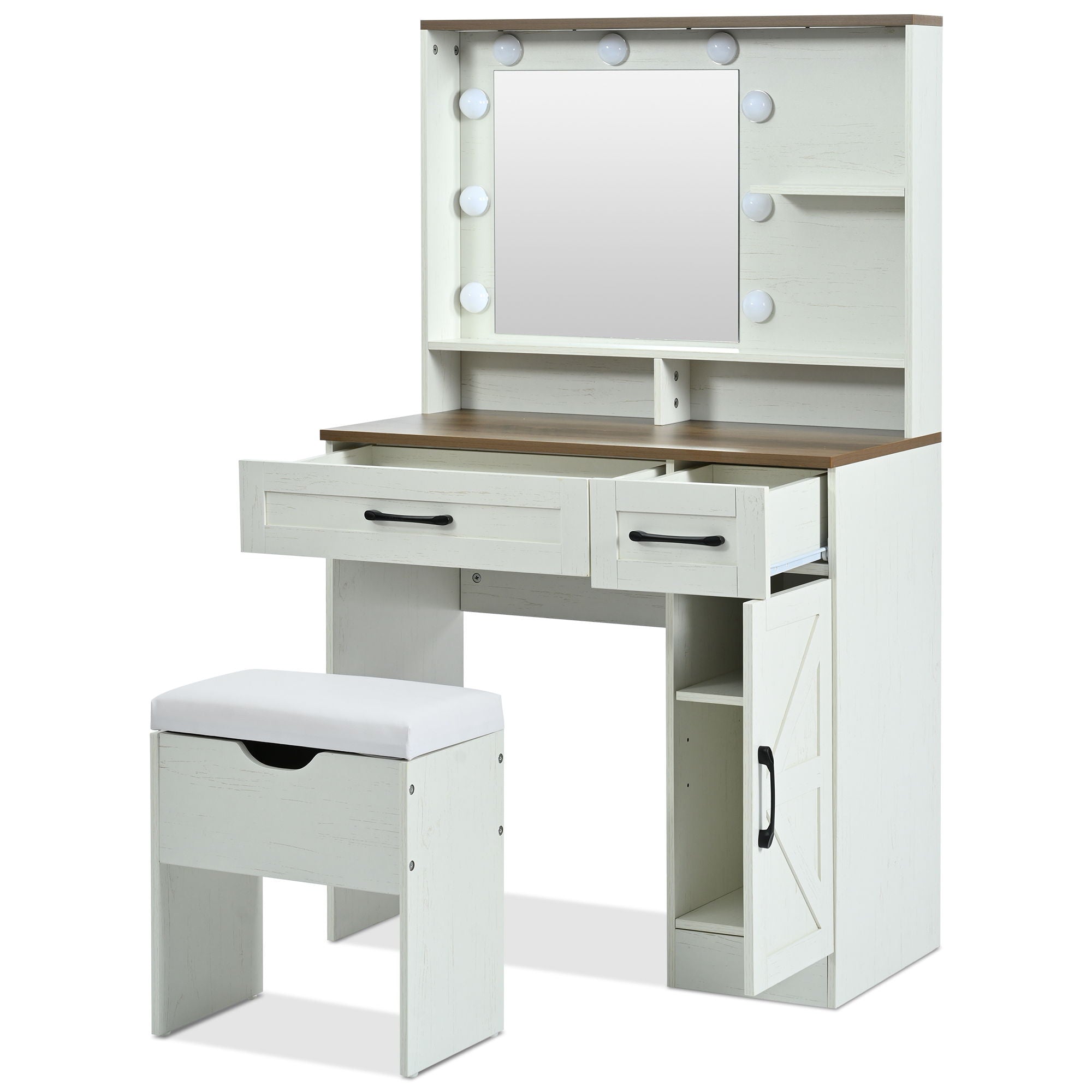Farmhouse Makeup Vanity Desk With Mirror And Lights, 3 Lighting Modes, Vanity Set With Stool, Dressing Table With Adjustable Shelves, 2 Drawers And Side Cabinet For Bedroom - White