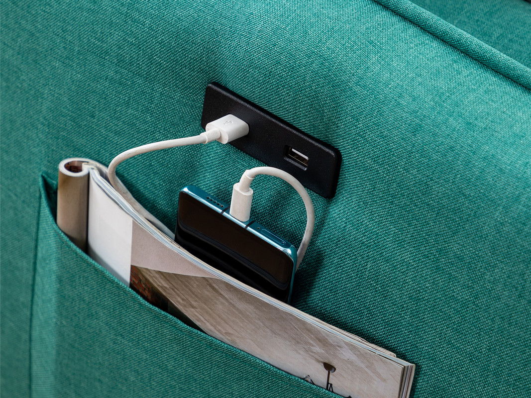 Mia 70"W Green Sectional Sofa Chaise with USB Charger & Pillows