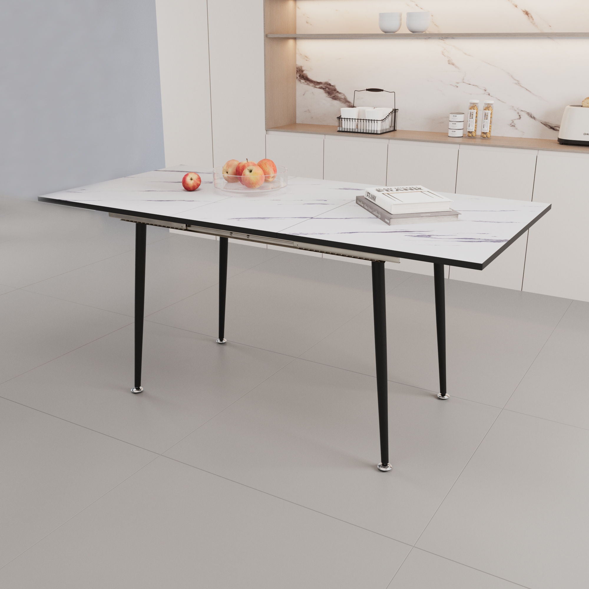 Modern Industrial Expandable Dining Table 47" To With Marble Pattern Top And Metal Legs - White
