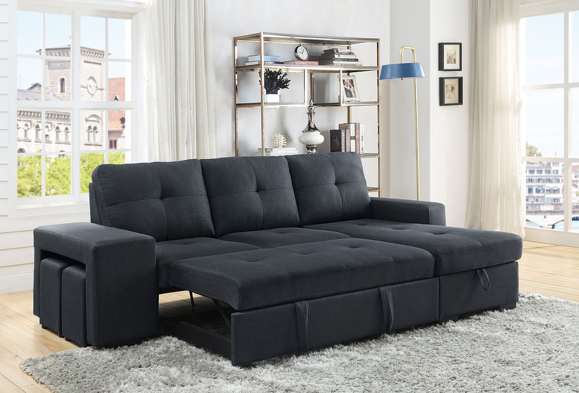 Lucas 97"W Dark Gray Linen Sleeper Sectional Sofa with Reversible Storage Chaise
