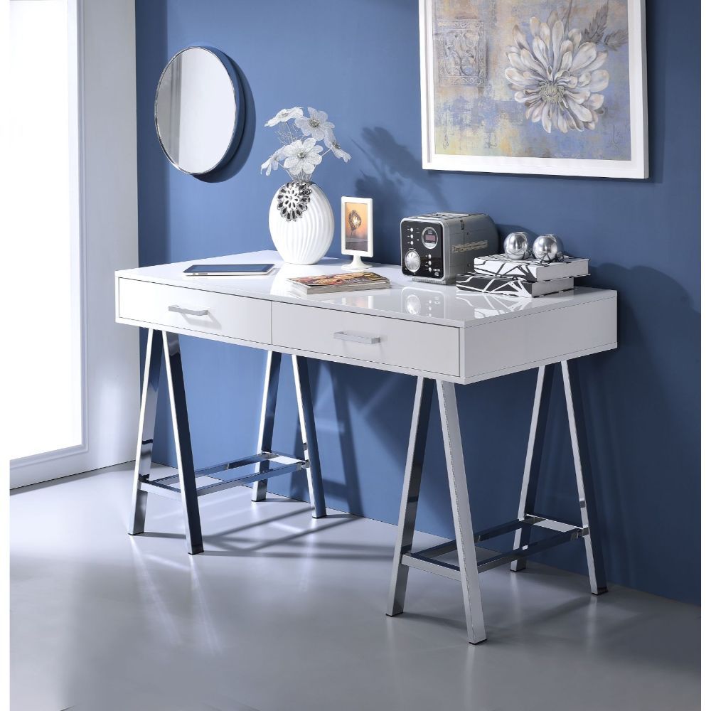 Coleen - Writing Desk Same Ac00901) - White High Gloss & Chrome
