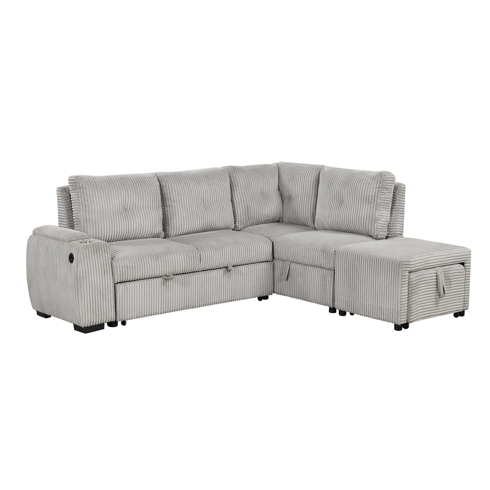 Pull-Out L-Shaped Sectional Sofa With Movable Ottoman And Stool, Large Storage Space, A Cup Holder, And 2 USB Ports For Living Room