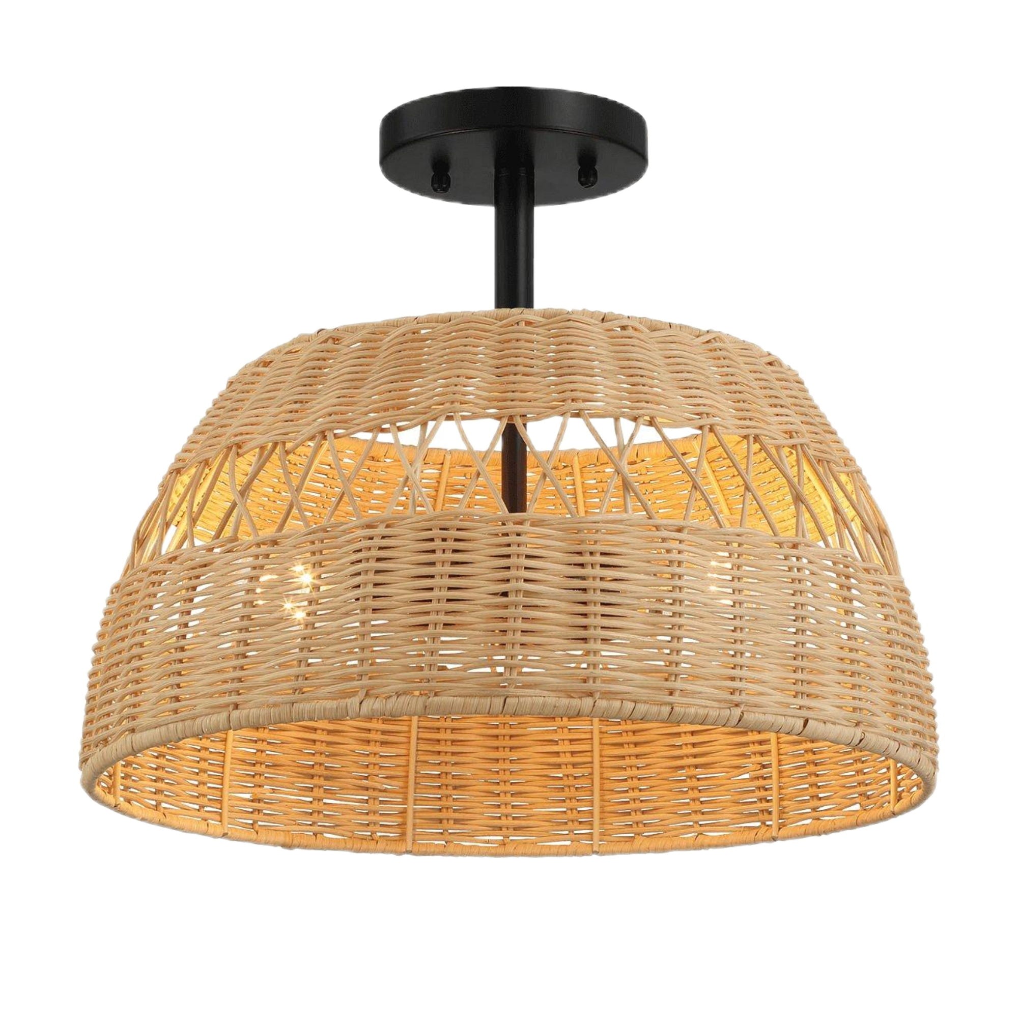 Twinkle - Double Lights Semi Flush With Shade - Black / Rattan
