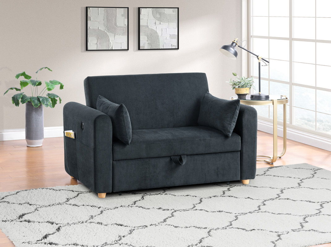 Marielle 55"W Black Corduroy Convertible Sleeper Loveseat with USB Ports, Magazine Pockets, and Pillows