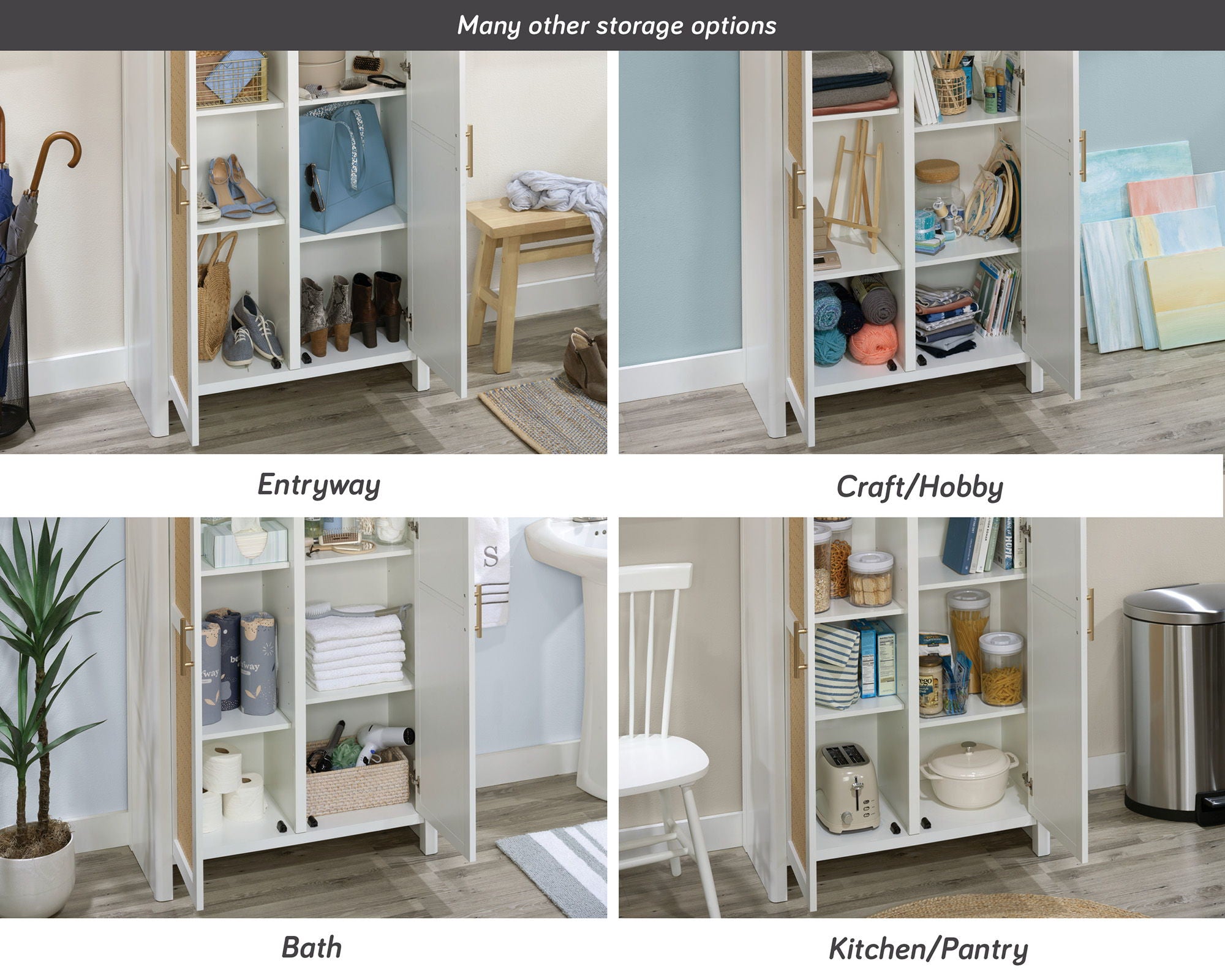 6-Shelf Storage Cabinet in White/Rattan