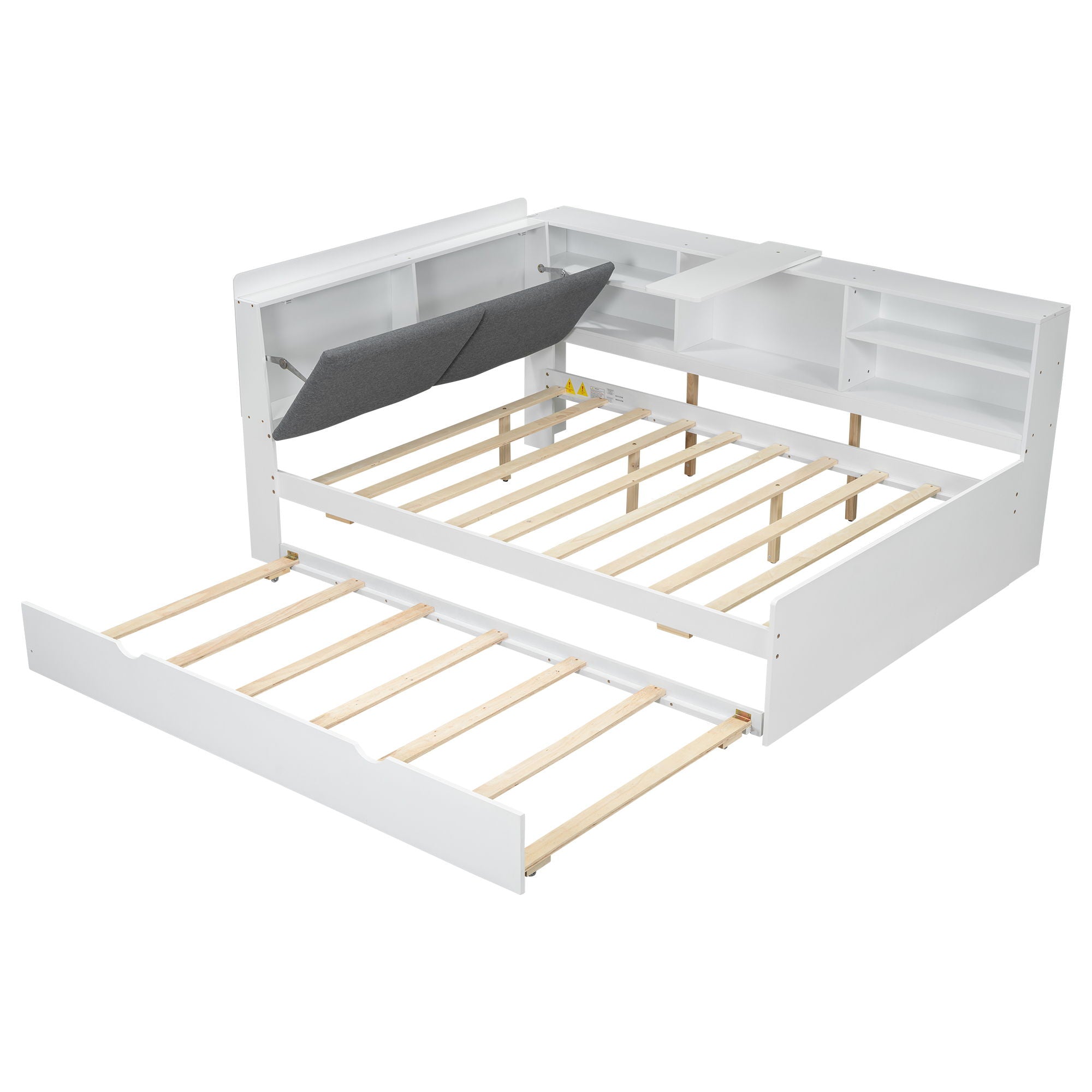 Platform Bed With Trundle, Shelves, And Storage Headboard