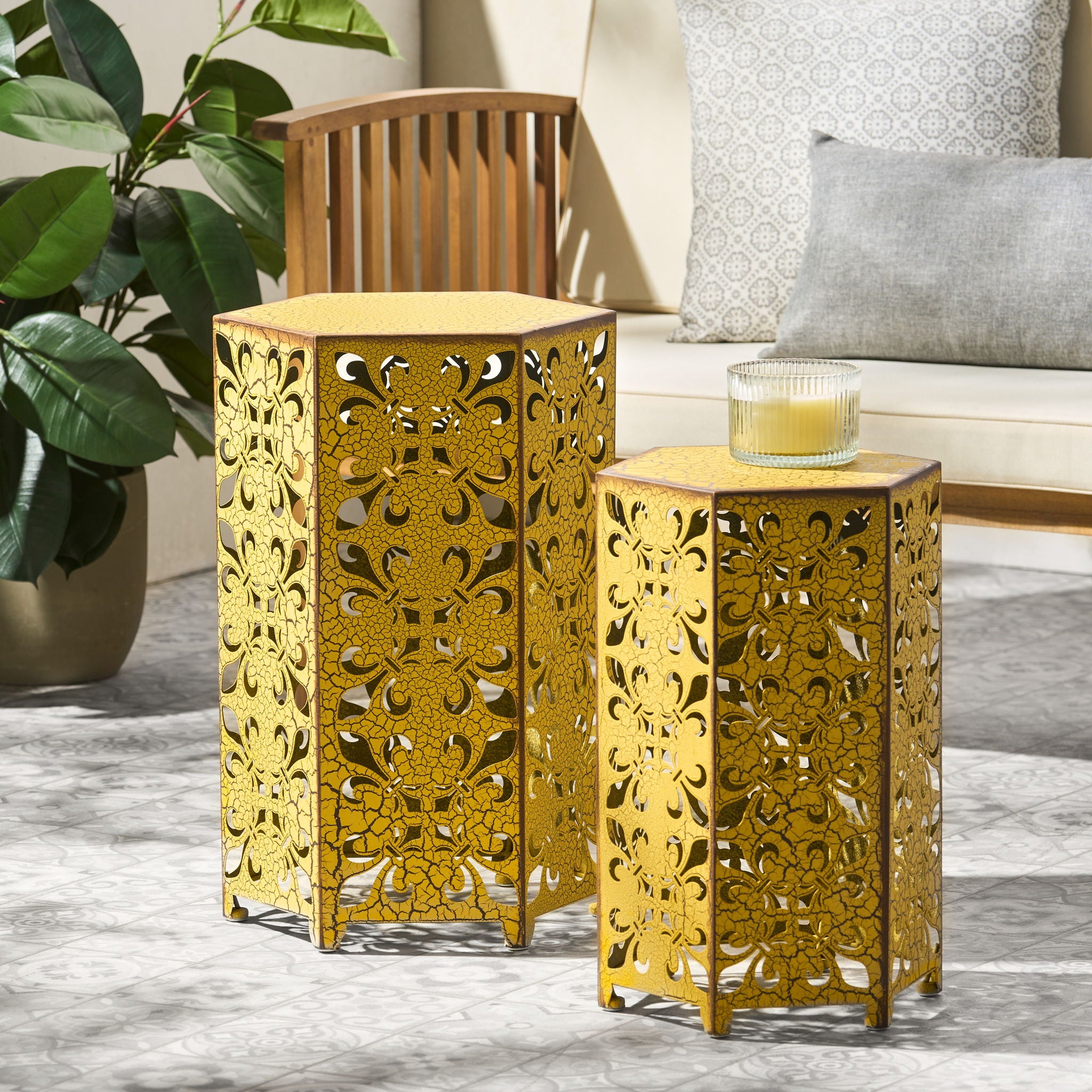 Outdoor Hexagonal Accent Table Set With Charming Fleur De Lis Panel Sides - Antique Yellow