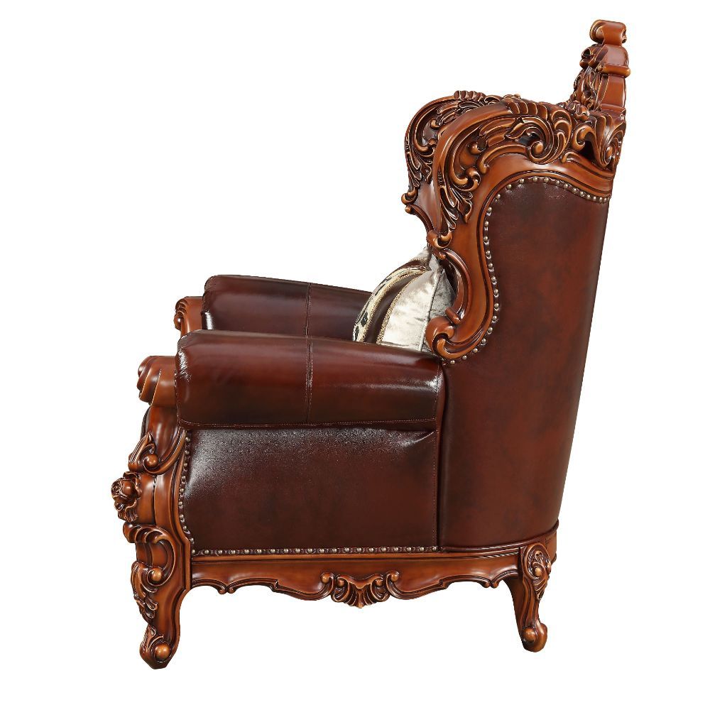 ACME Eustoma - Chair - Cherry Top Grain Leather Match & Walnut | Meri Furniture
