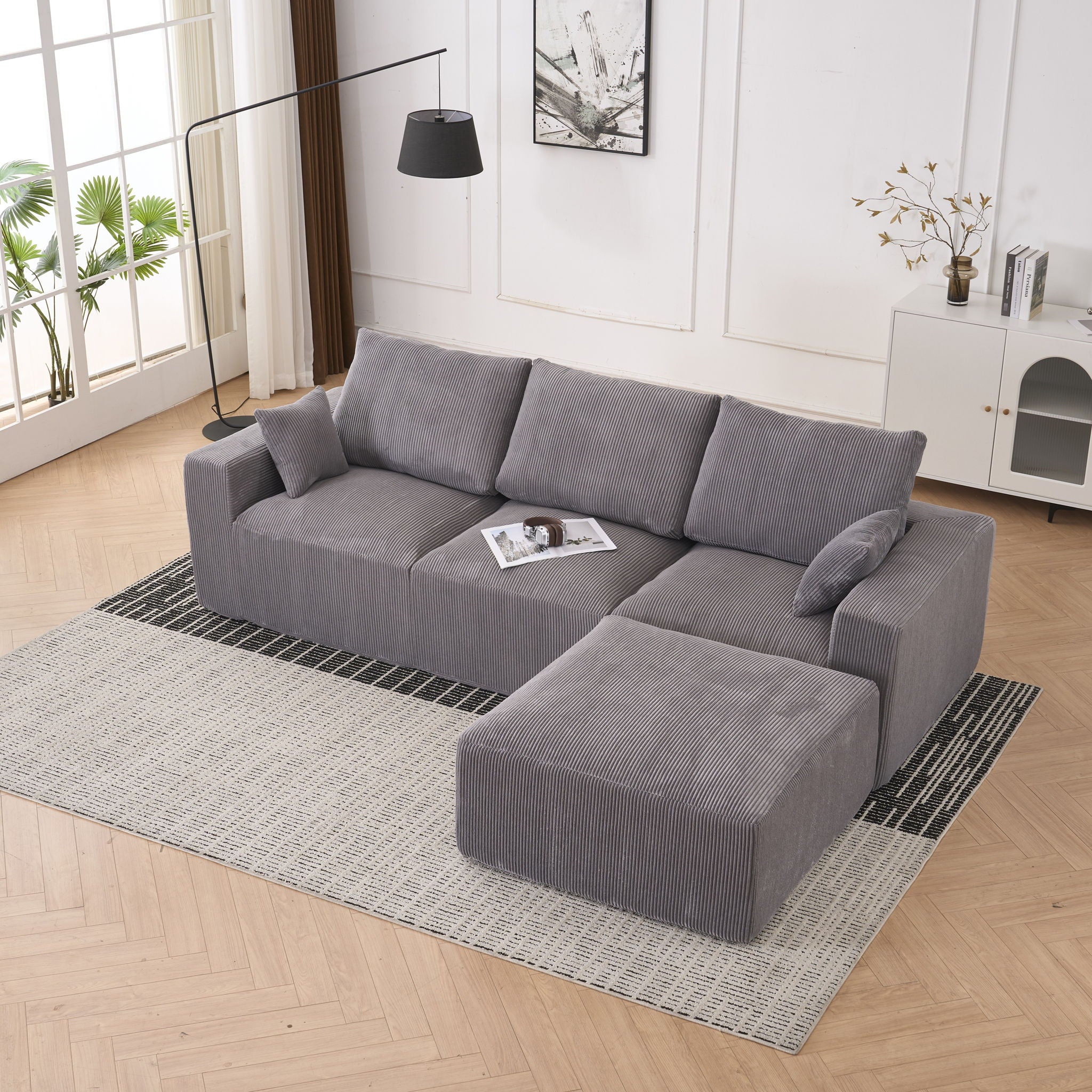 Modular Sectional Sofa With Ottoman, USB And Type C Charger, Petal Armrest Design