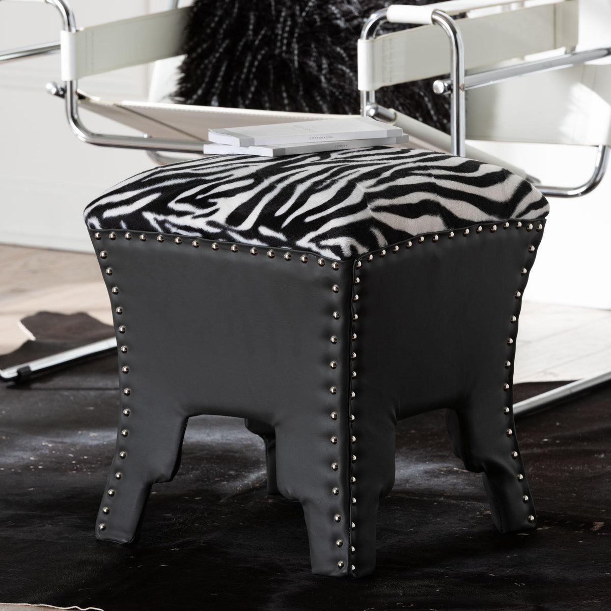 Sally Modern and Contemporary Zebra-print Patterned Fabric Brown Faux Leather Upholstered Accent Stool with Nail heads