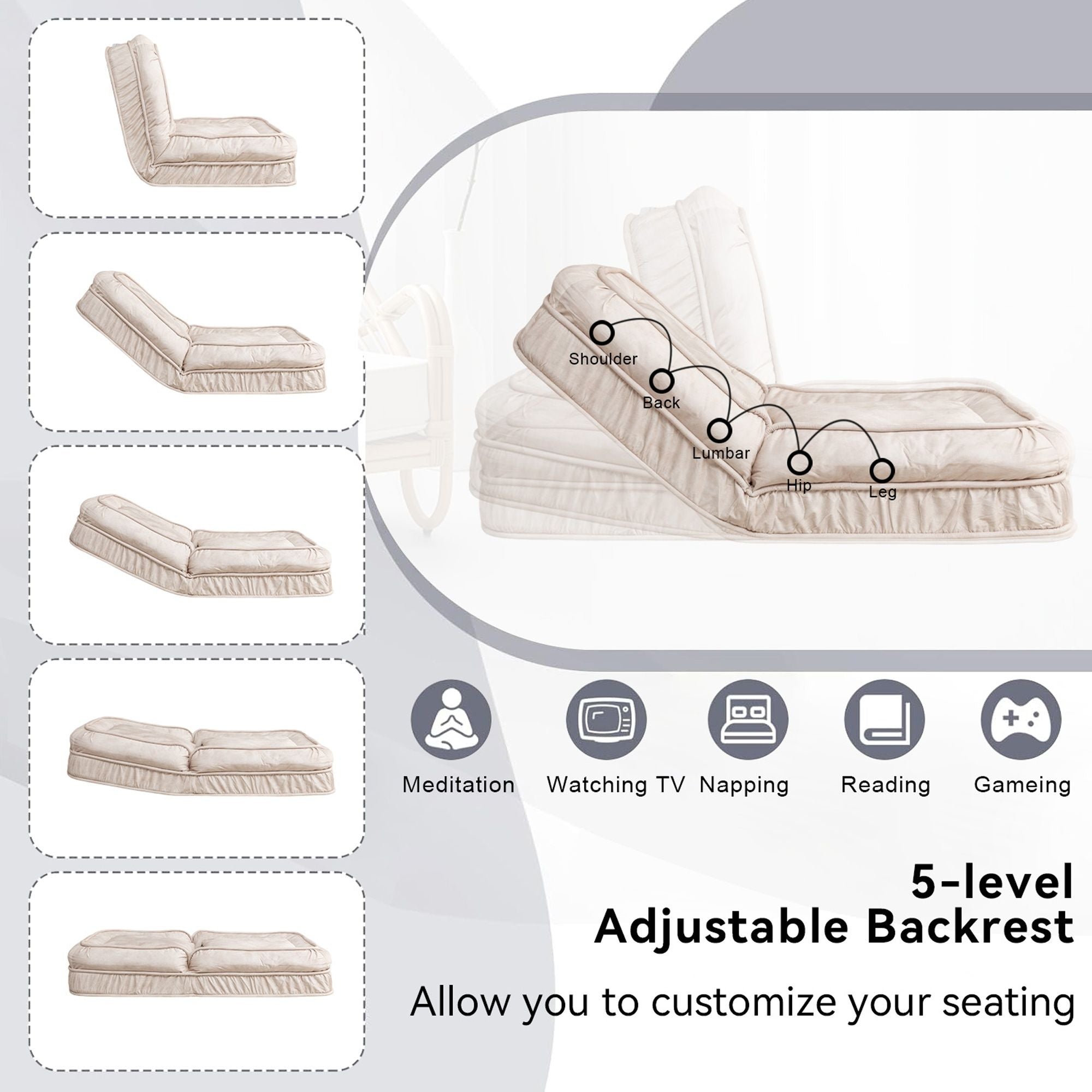 Upholstered Human Dog Bed And Pets, Bean Bag Floor Sofa With Massage Pillow, 5 Adjustable Positions & 2 Soft Pillows