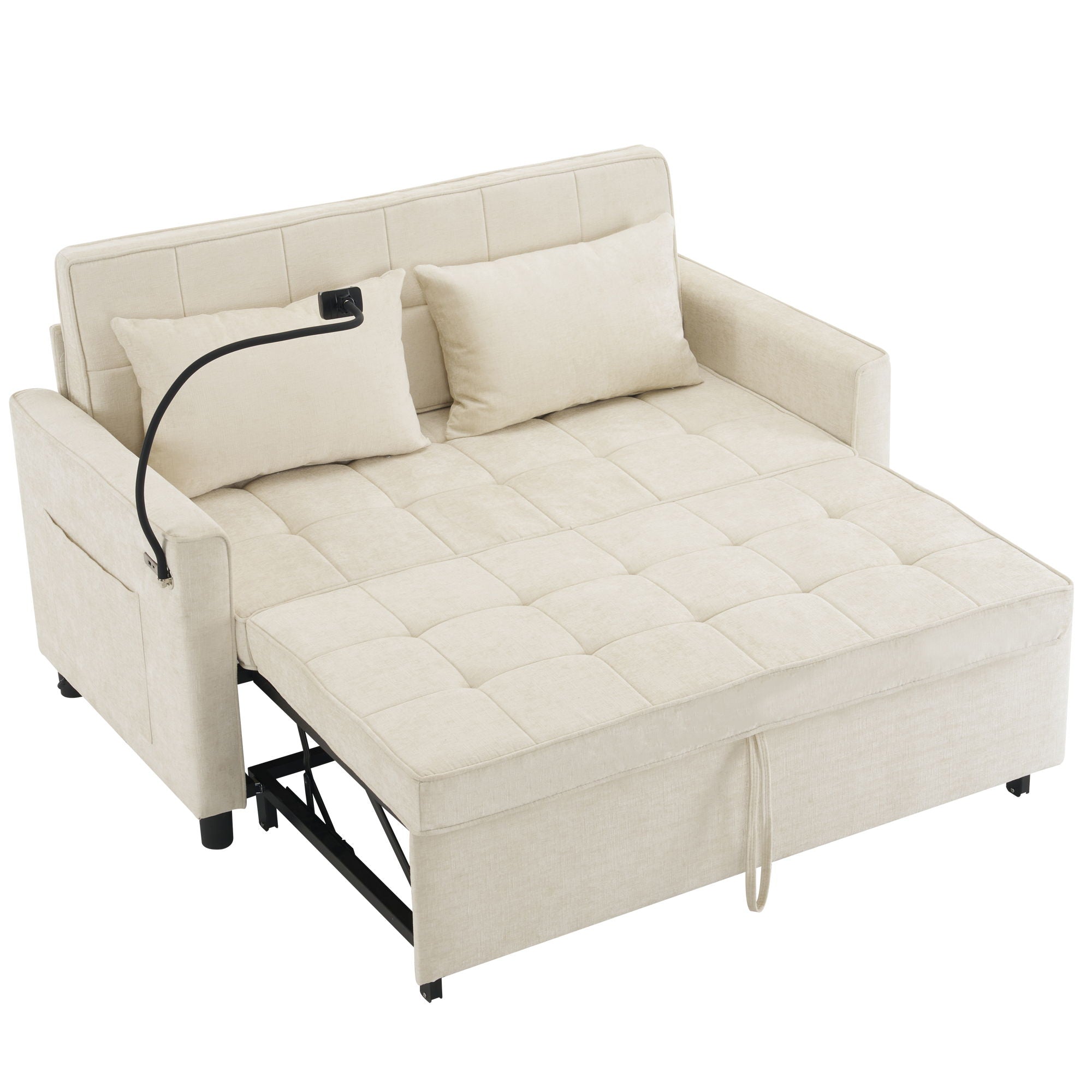 Pull-Out Sleeper Sofa With Reversible Backrest Cushion, Side Pockets, 2 USB Ports And A Phone Holder For Living Room