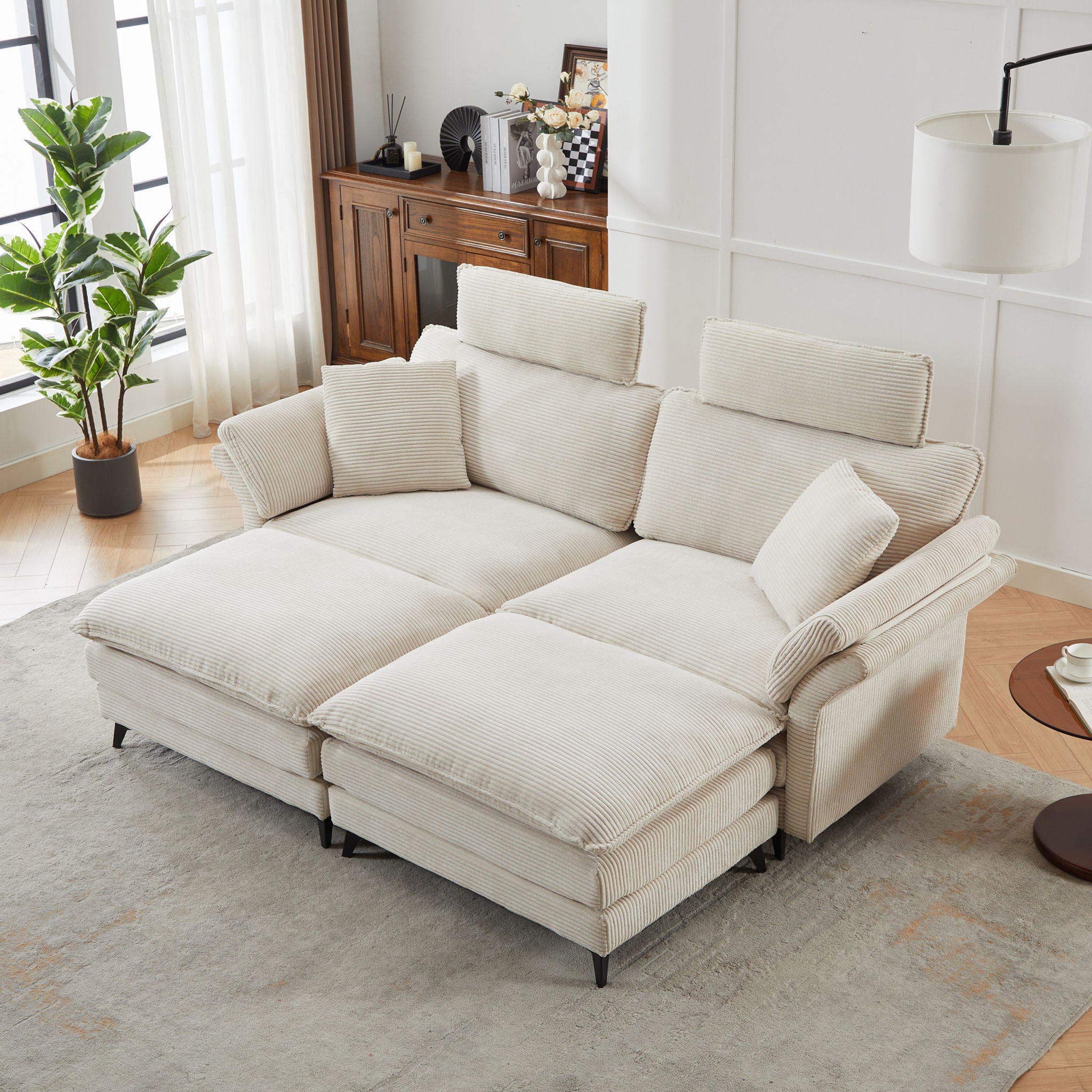 Modern Corduroy Deep Seat Sectional Sofa With Ottoman
