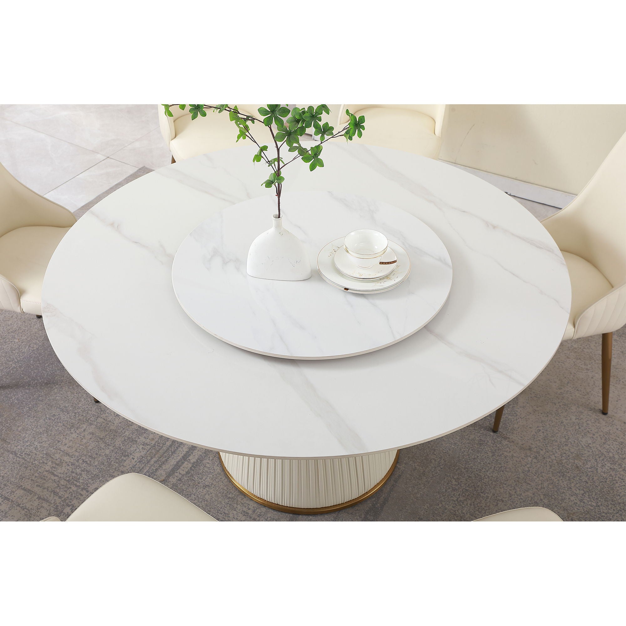 Modern Sintered Stone Dining Table With Round Turntable, Wood And Metal Pedestal, 8 Chairs - White