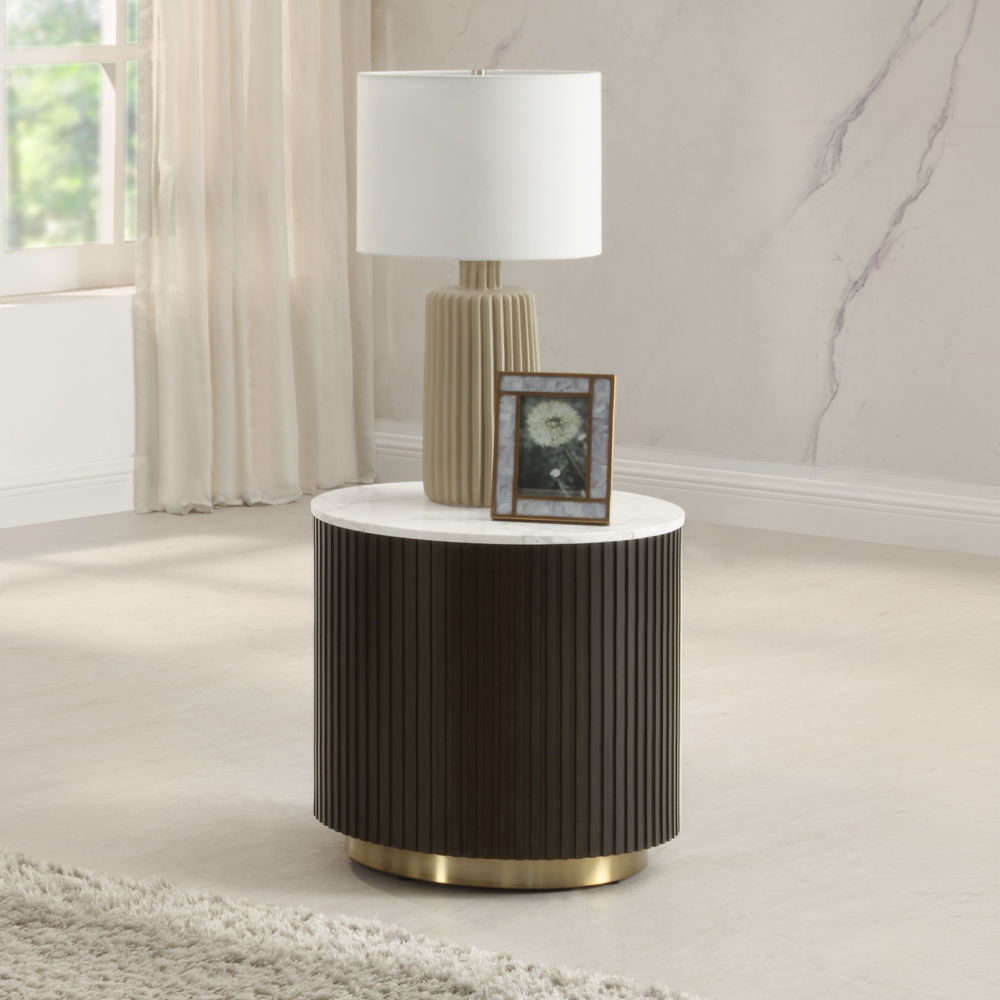 ACME Clayten - End Table - White Natural Marble Top & Espreeso Finish | Meri Furniture