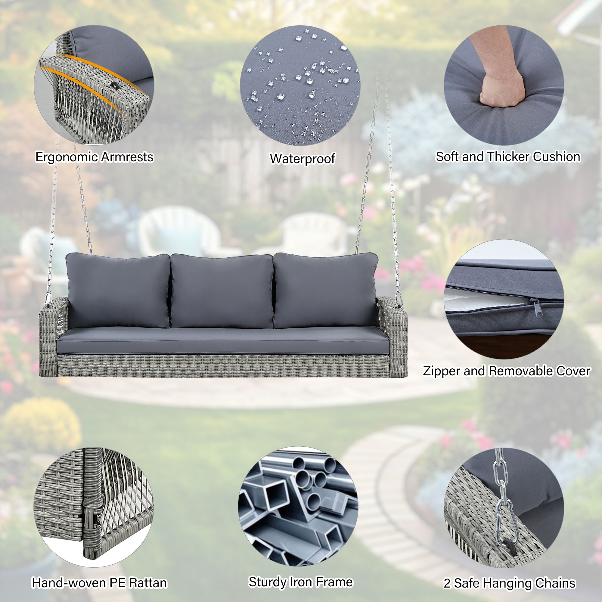 3 Person Large Patio Swing Bench With Cushions For Backyard