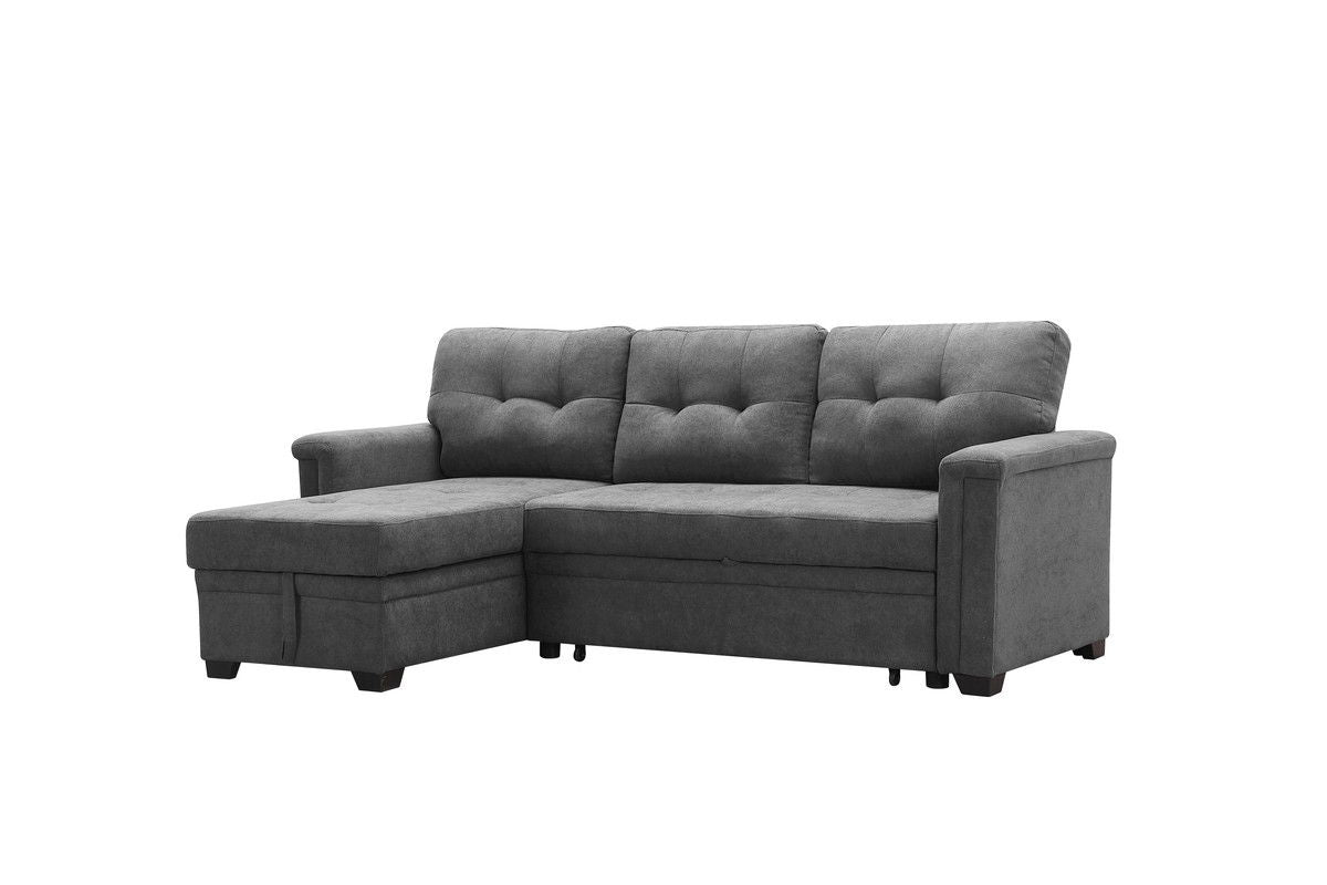 Ashlyn 84"W Gray Woven Fabric Sleeper Sectional Sofa Chaise with USB Charger and Tablet Pocket