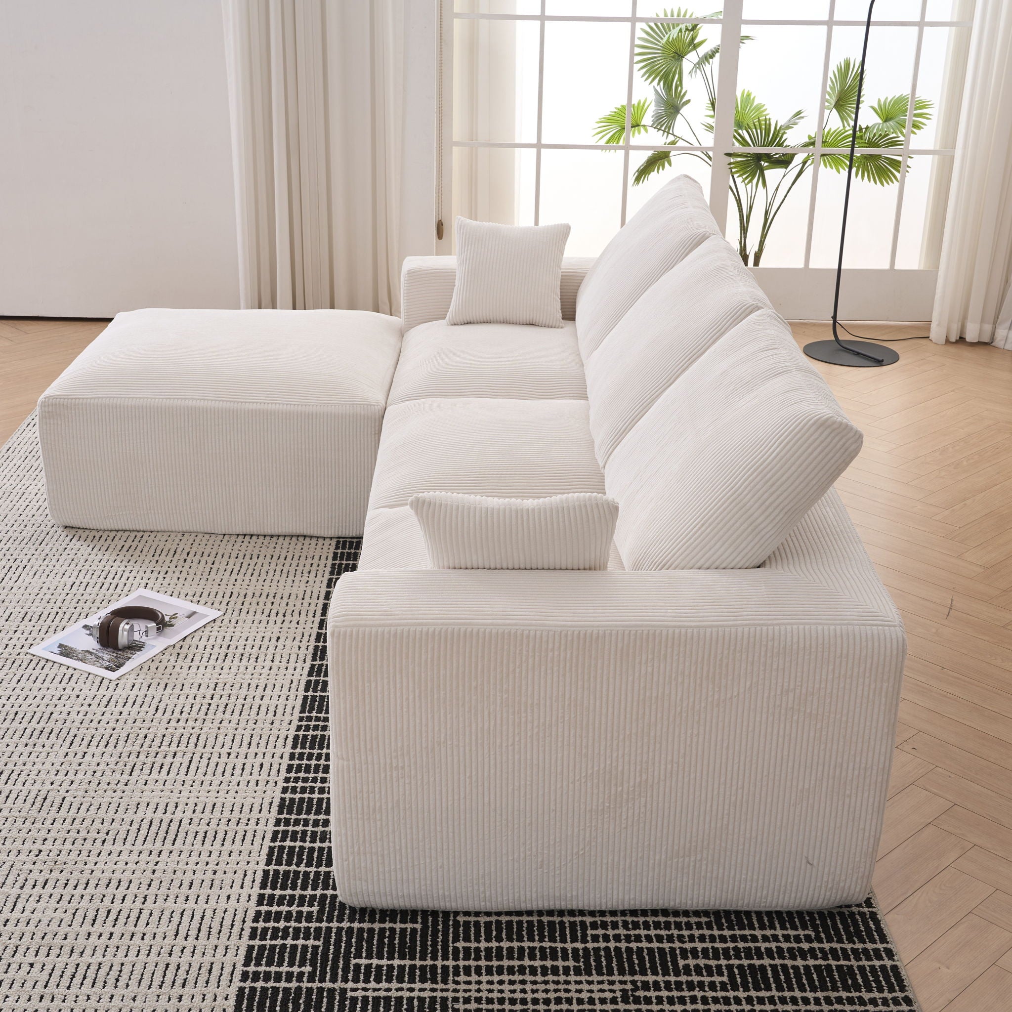 Modular Sectional Sofa With Ottoman, USB And Type C Charger, Petal Armrest Design
