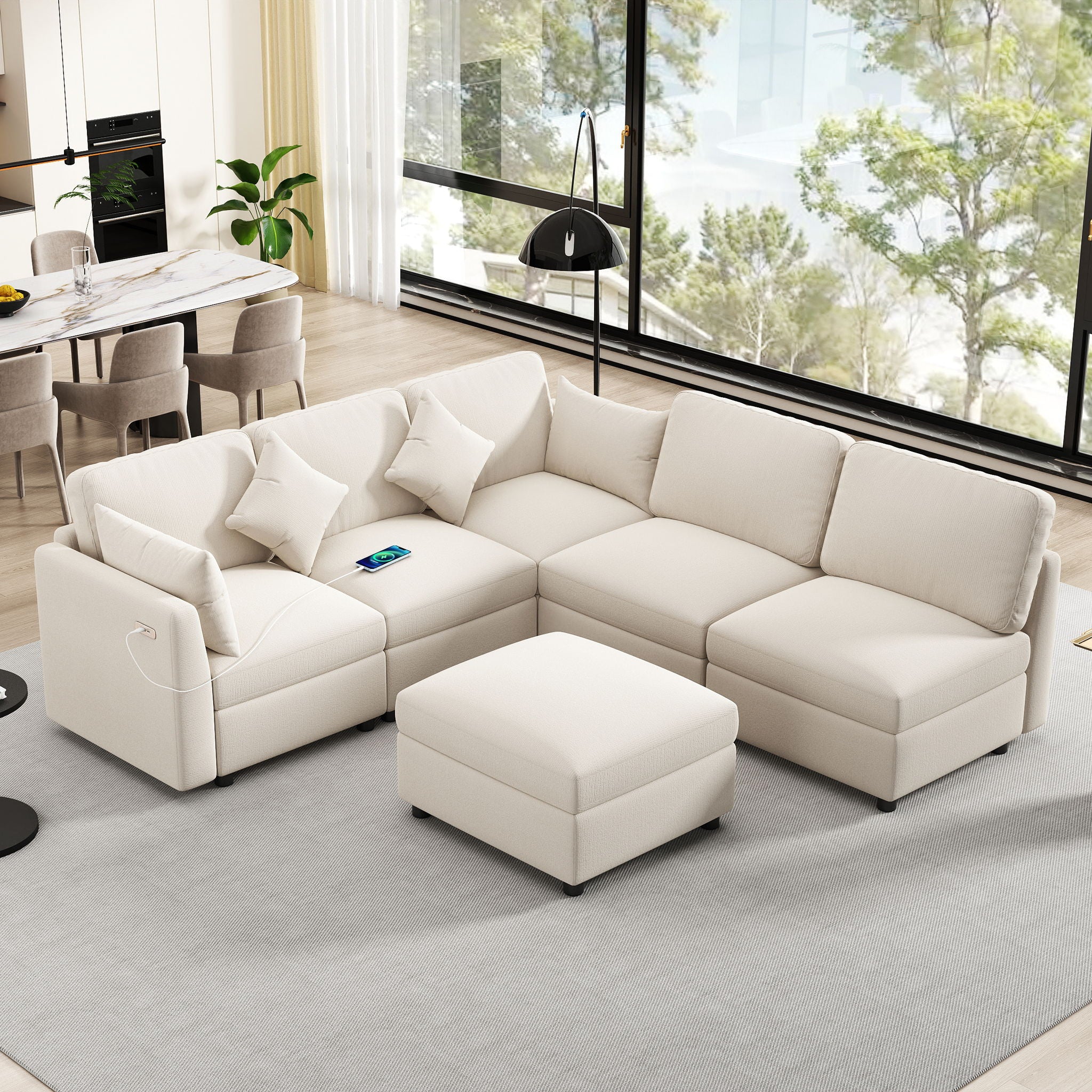 Sectional Sofa Modular U-Shaped With Ottoman & USB Ports