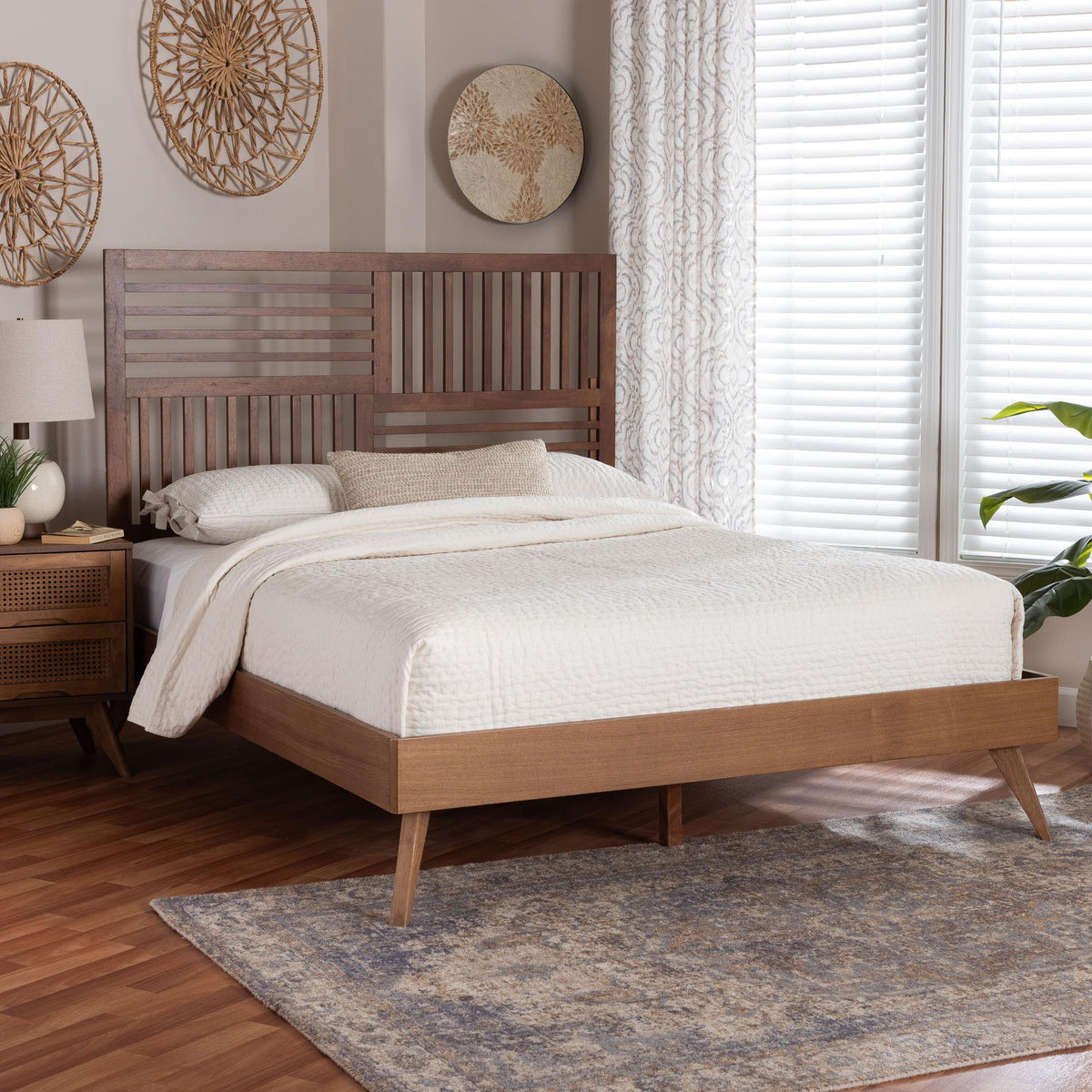 Gemma Platform Bed - Mid-Century Modern Bed Frame with Slatted Wood Headboard and Angled Legs for Bedroom or Guest Room, King