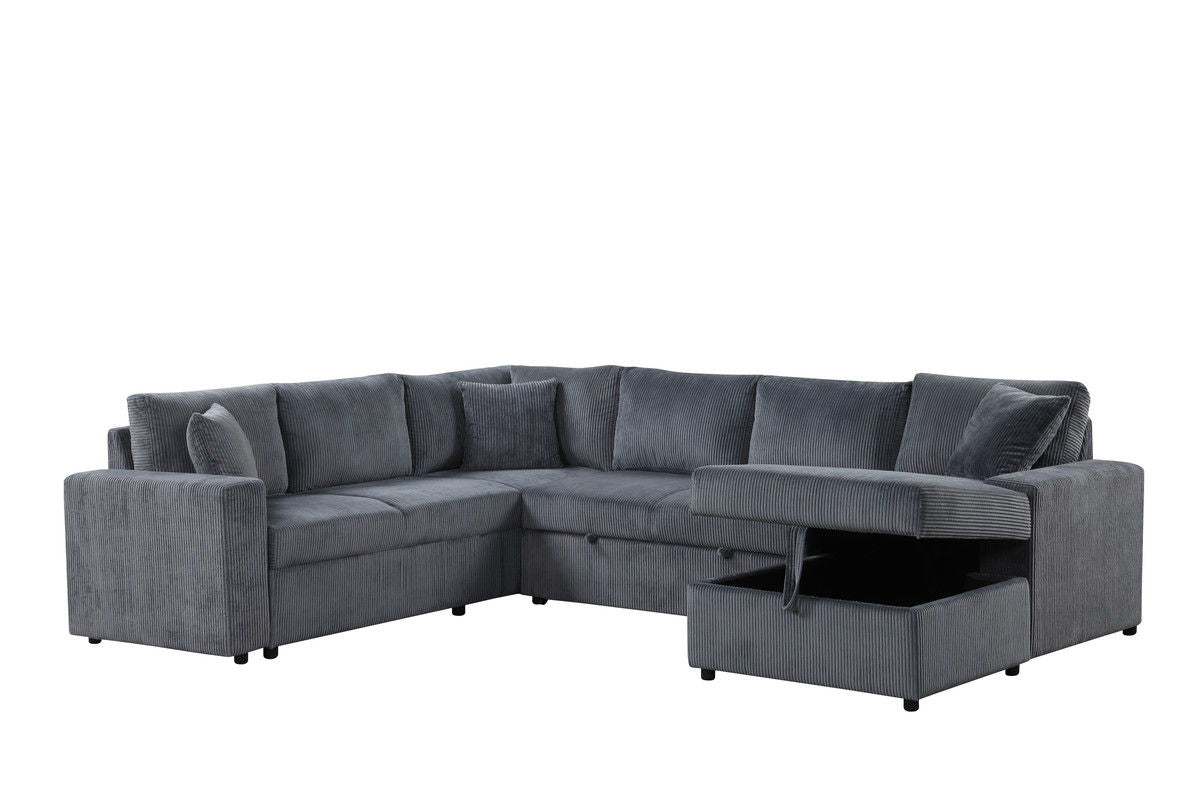 Ruxley 123"W Gray Corduroy Sleeper Sectional Sofa with Right-Facing Storage Chaise and Throw Pillows