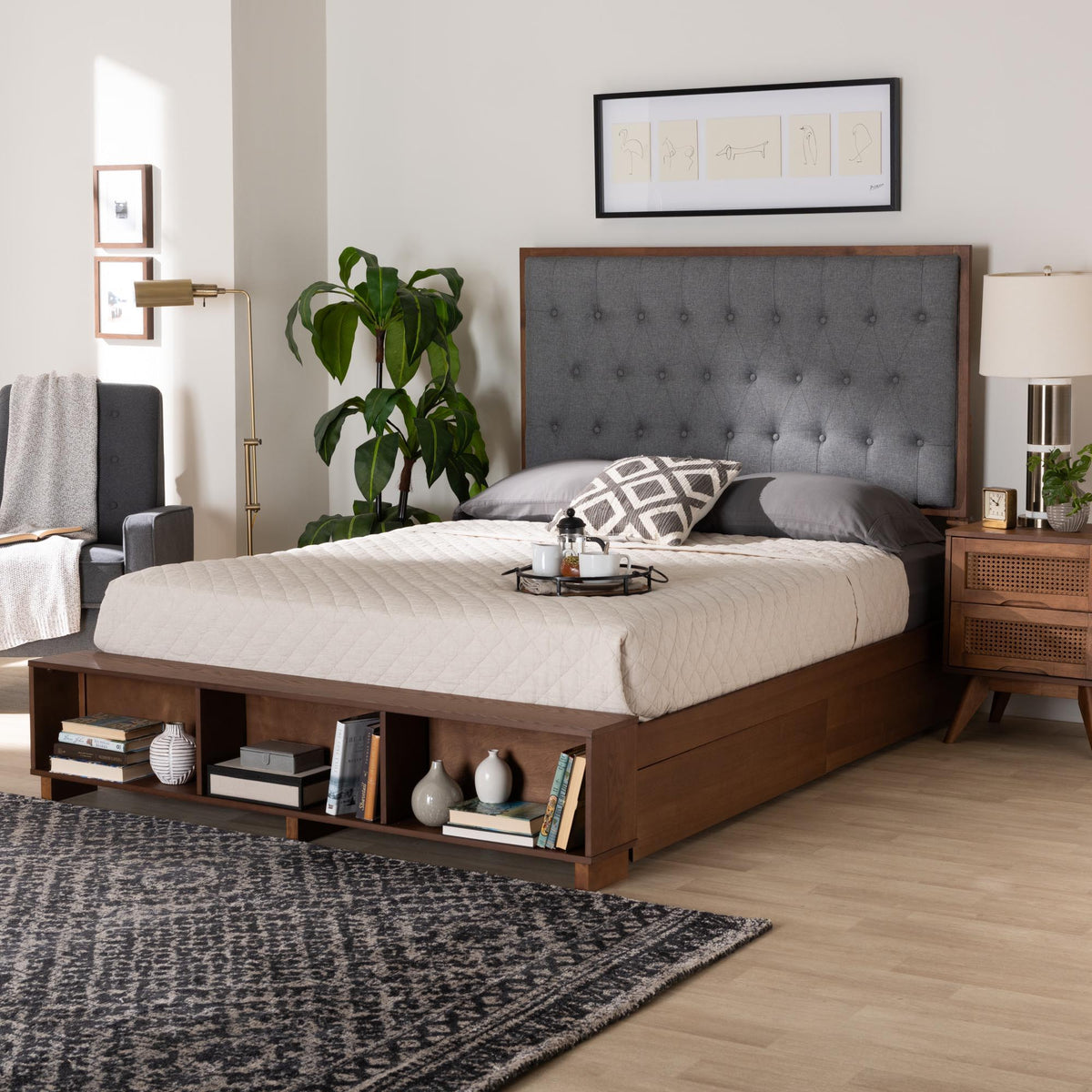 Jalie Classic Transitional Grey Fabric and Walnut Brown Finished Wood King Size Platform Storage Bed
