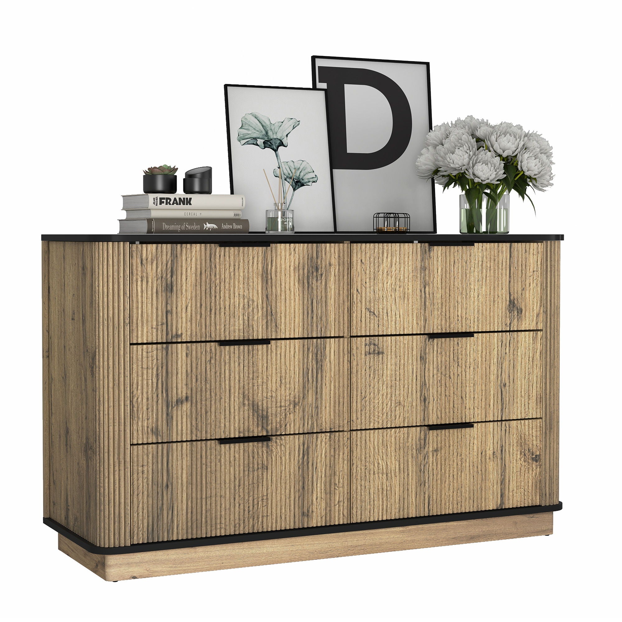Modern 6 Drawer Cabinet With Metal Rounded Corners And Exquisite Handles Multi Functional Storage - Natural Wood