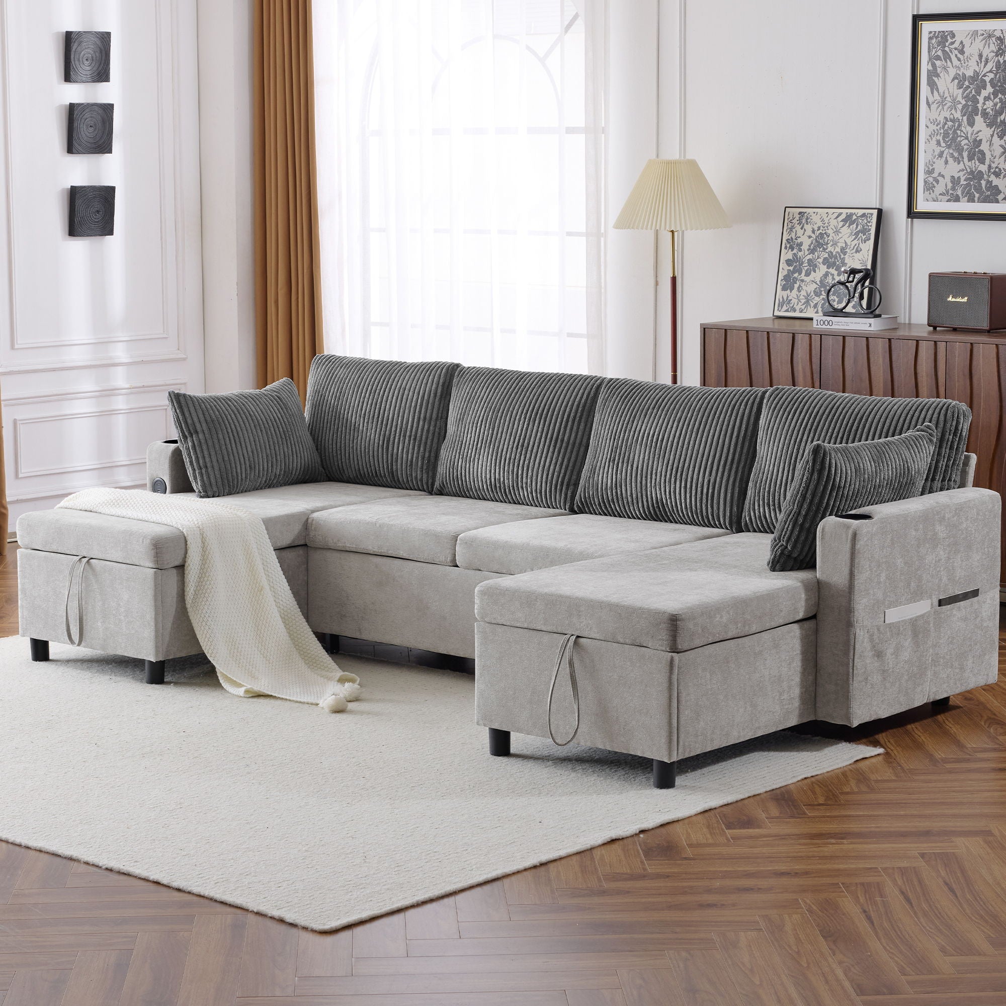 Sectional Sofa Bed With Pull Out Sleeper, USB Ports, Cup Holders