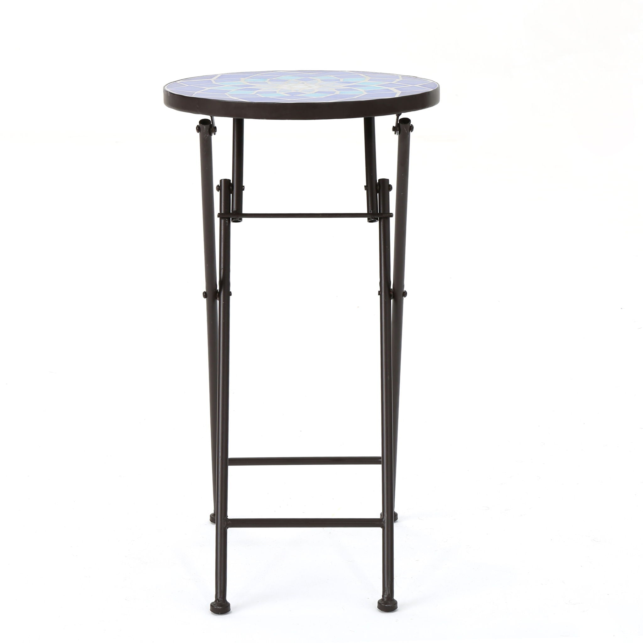 Outdoor Folding Accent Table With Glass Top And Iron Frame - White / Blue