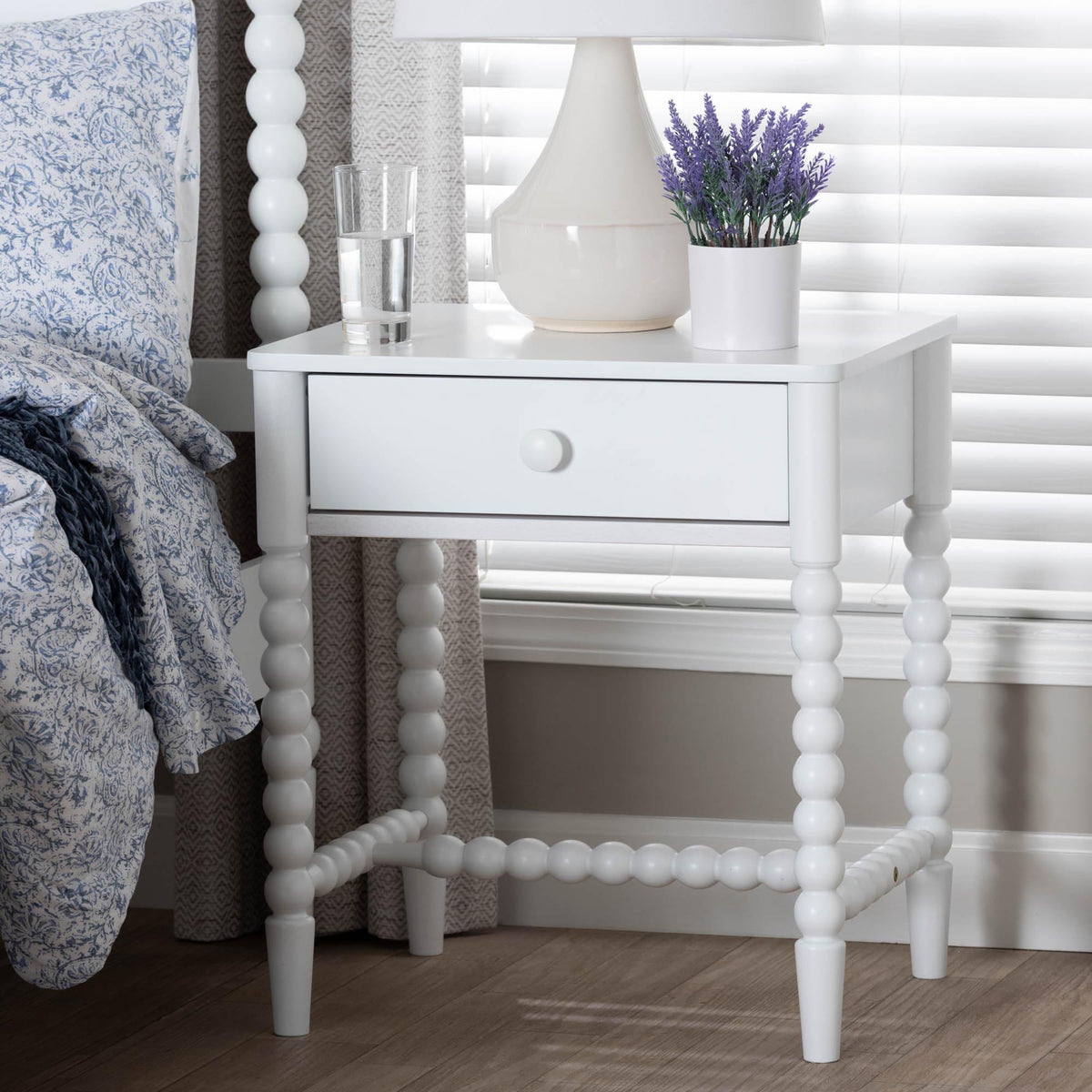 Brantley Spindle Nightstand - 1-Drawer Bedside Table with Beaded Frame and Open Base for Bedroom, White