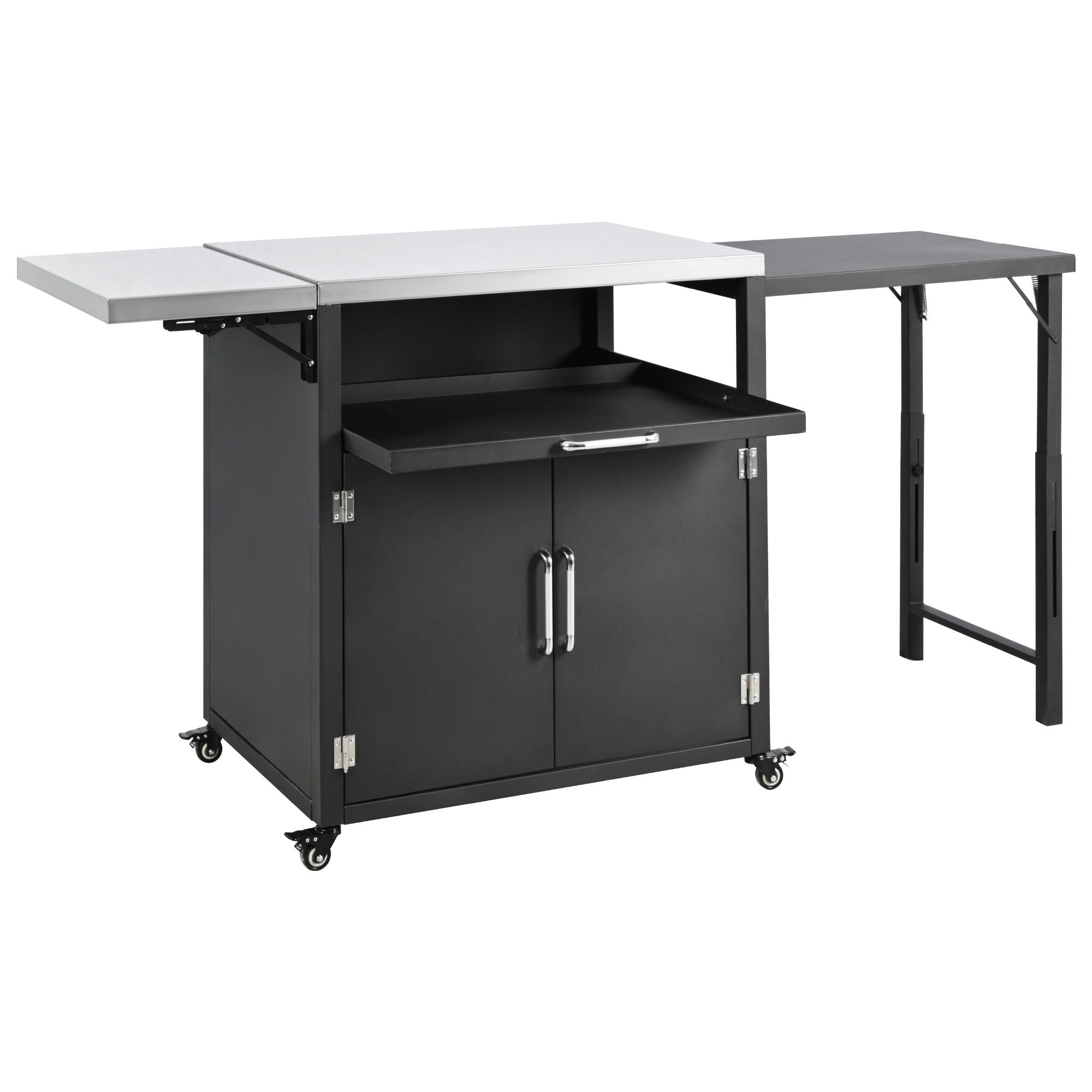 Versatile Outdoor Cabinet With Folding & Expandable Work Surfaces, Ample Storage Space, And Lockable Wheels - Matte Black