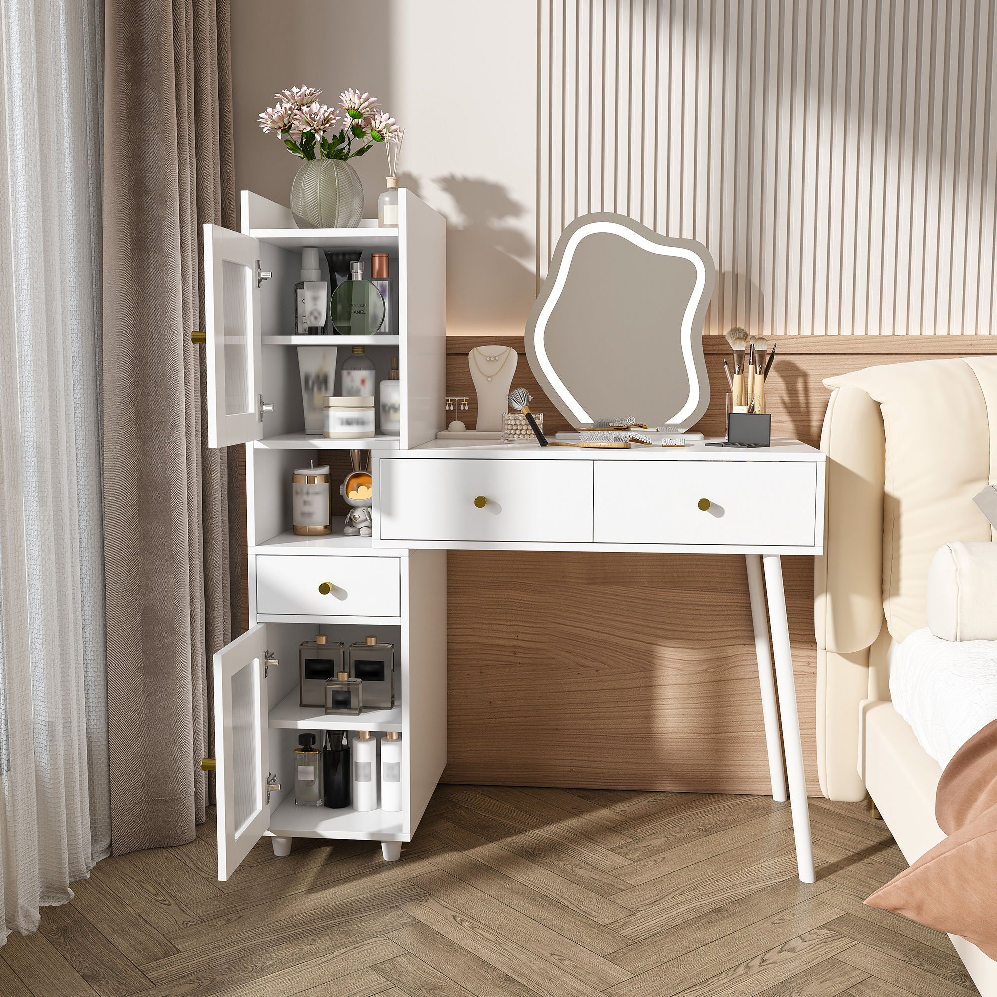 Vanity Dressing Table With LED Mirror & Storage Makeup Desk With 3 Drawers, 2 Open Shelves & 4 Hidden Cabinets - White