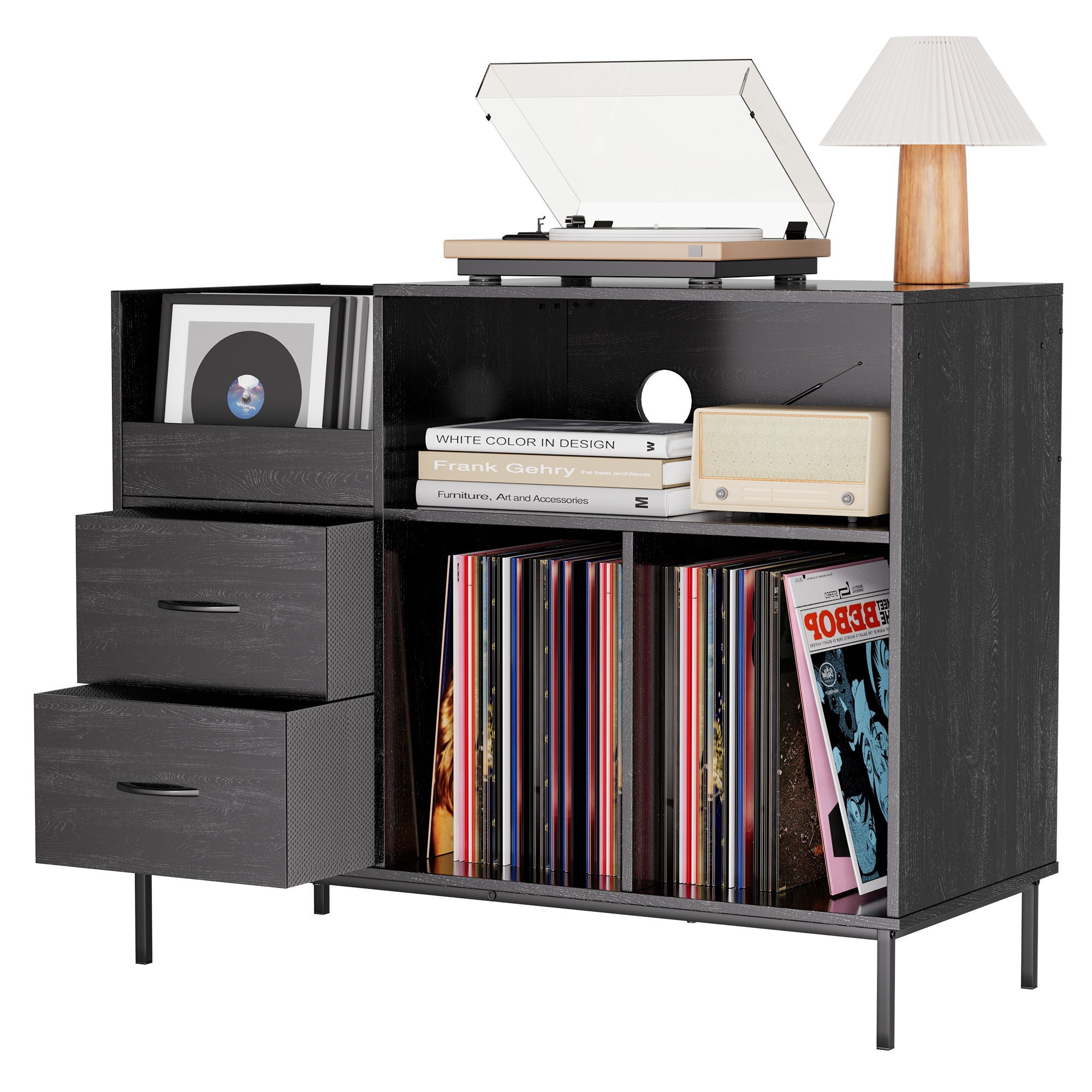 Grain Record Player Stand, Media Console With Speaker Shelf & 2 Drawers