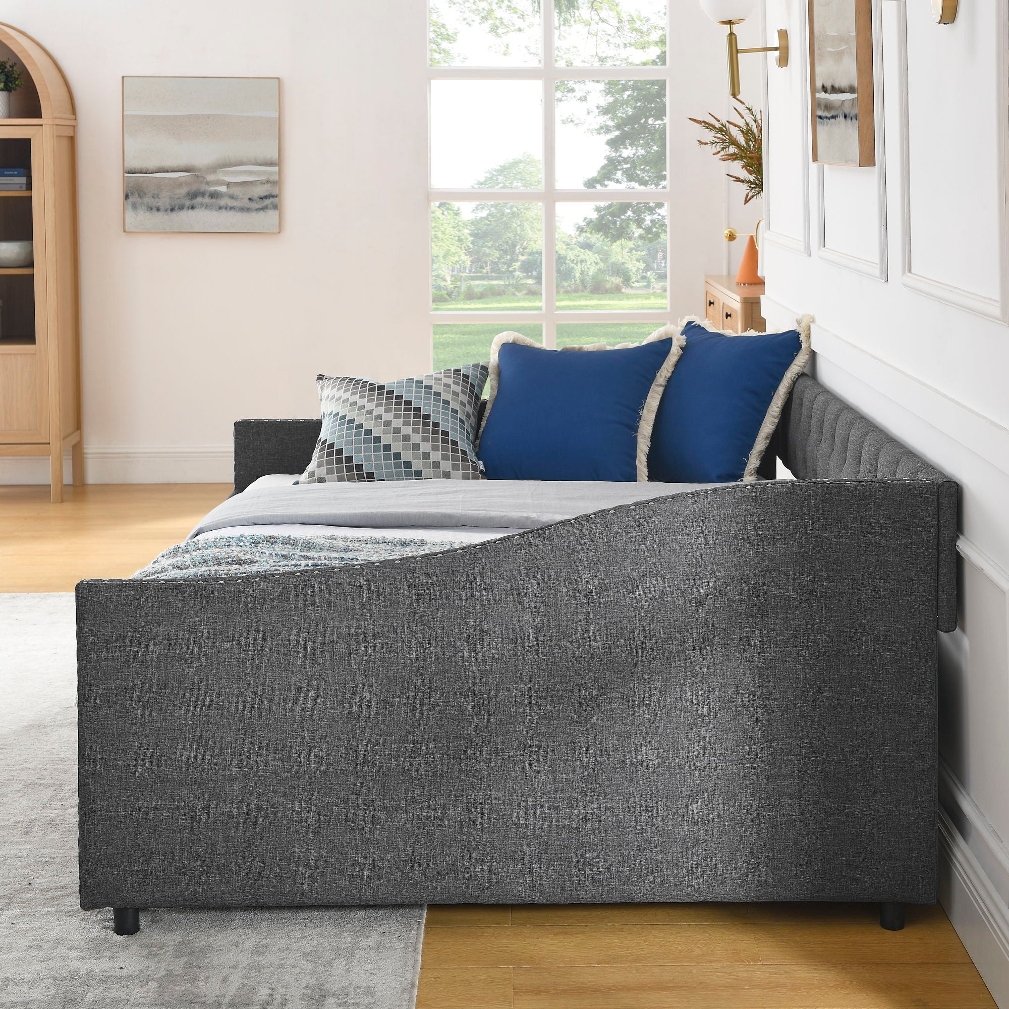 Upholstered Tufted Daybed With 2 Drawers, Waved Arms