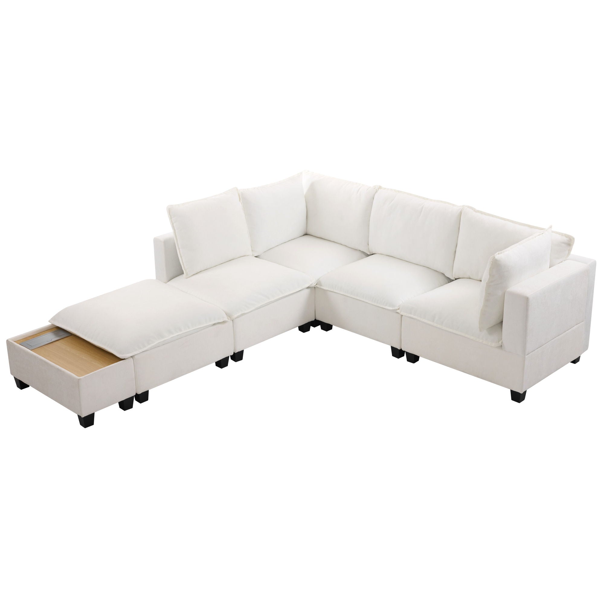 U-Shaped Sectional Modular Sofa With A Movable Ottoman, A Coffee Table With Hidden Charging Devices For Living Room
