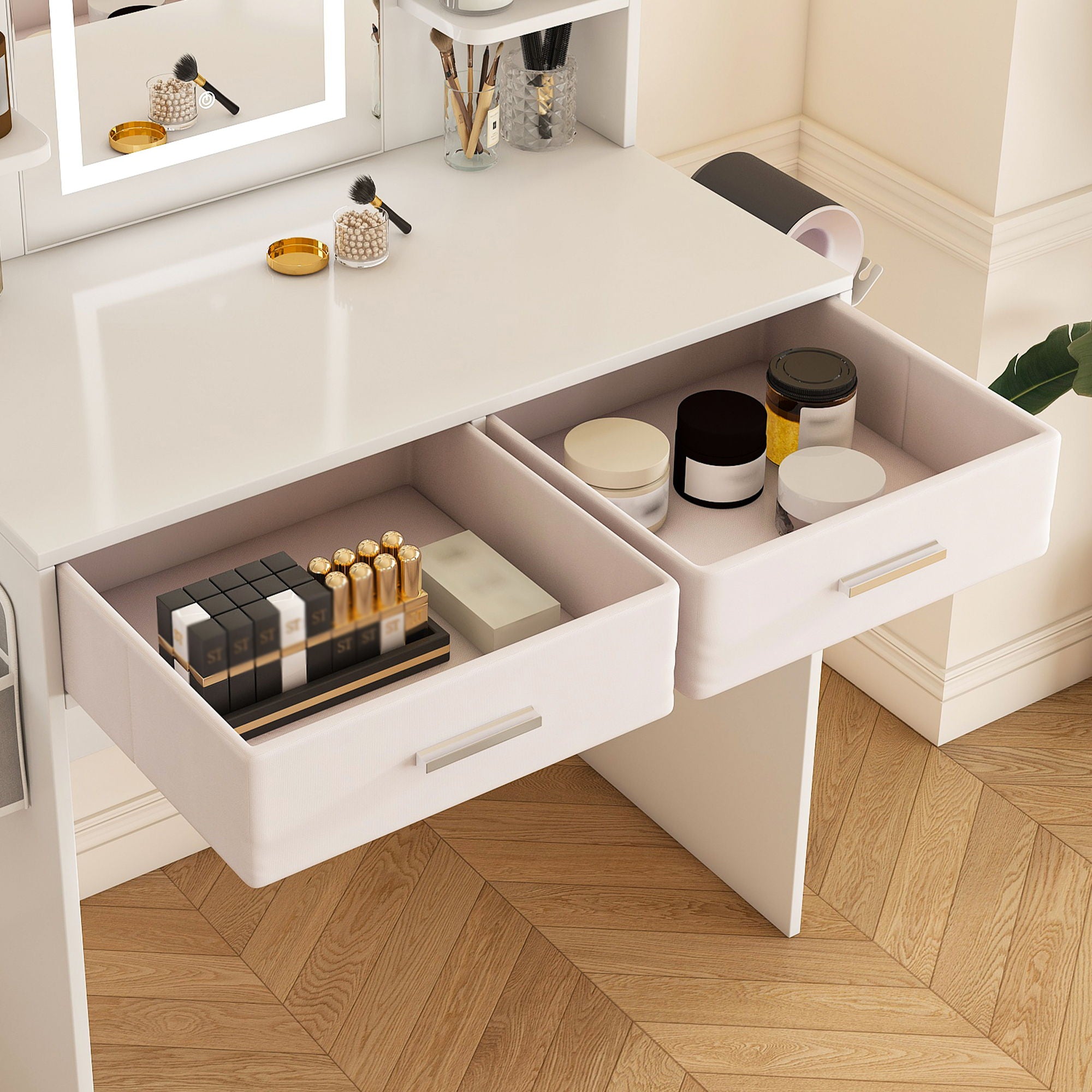 Elegant LED Mirror Vanity Dressing Table With Adjustable Lights, Drawers & Storage - White