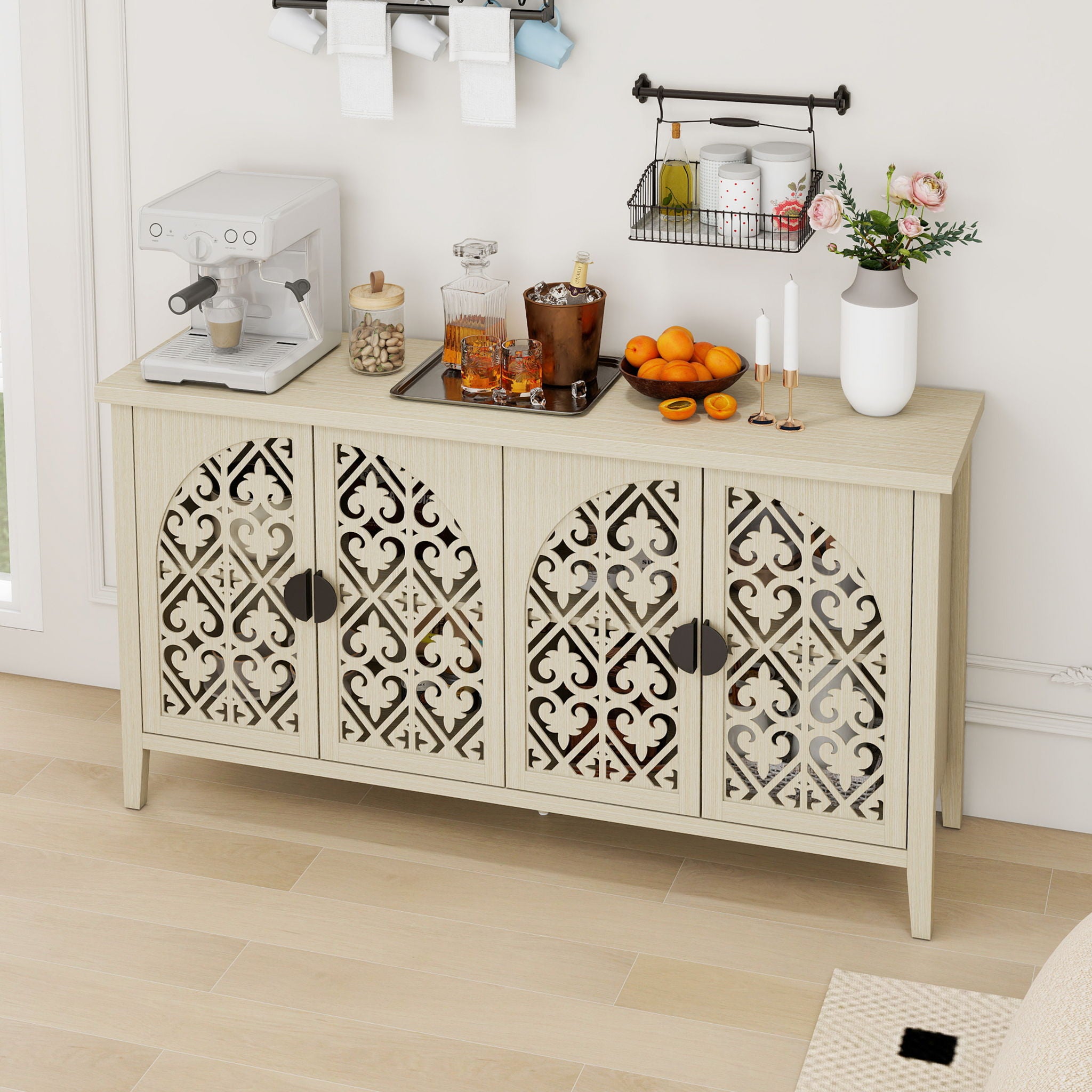 Hollowed Out Cabinet With 4 Doors, Suitable For Bedroom - Natural