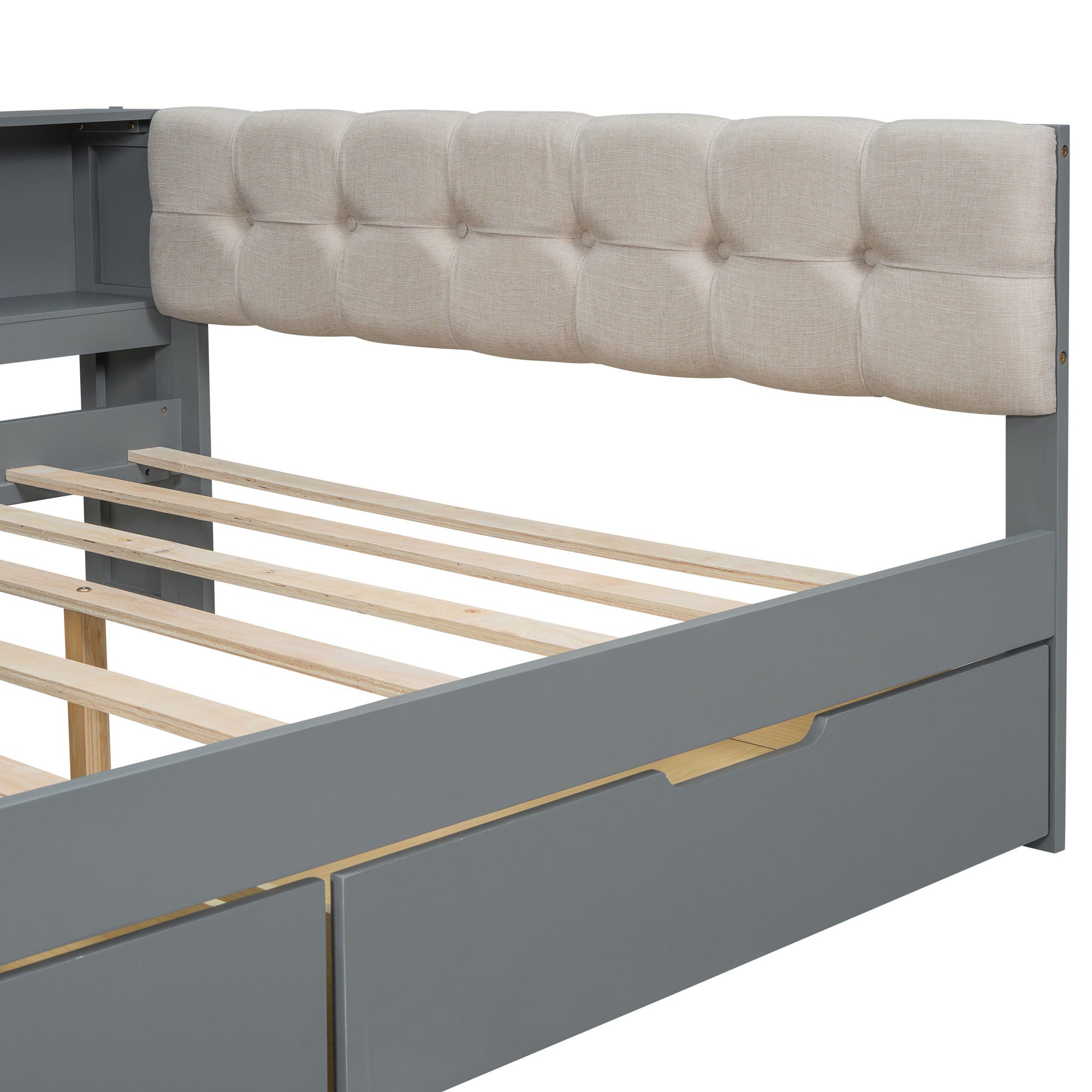 Upholstered Headboard Platform Bed With Storage Shelves, Drawers, Charging Station