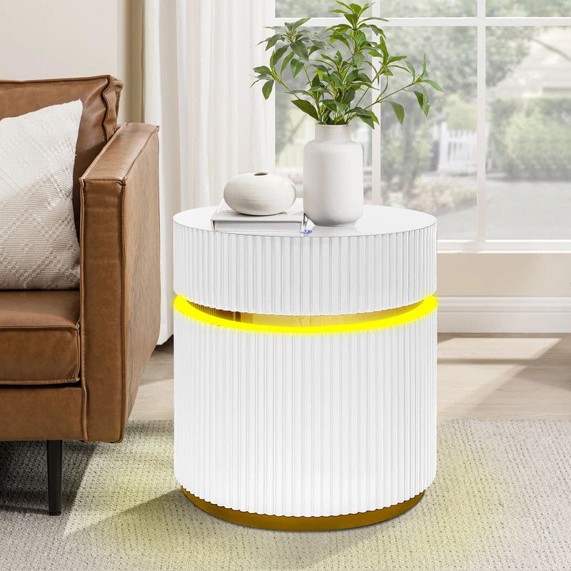 Tavita 19.5" Round White Side Table with Glass Top and LED Lights