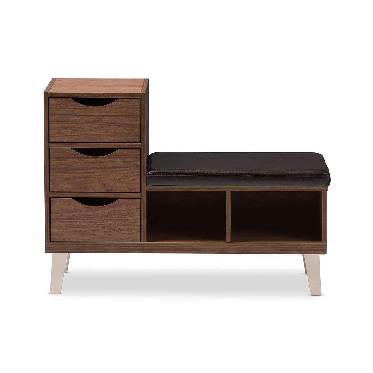 Arielle Modern and Contemporary Walnut Brown Wood 3-Drawer Shoe Storage Padded Leatherette Seating Bench with Two Open Shelves