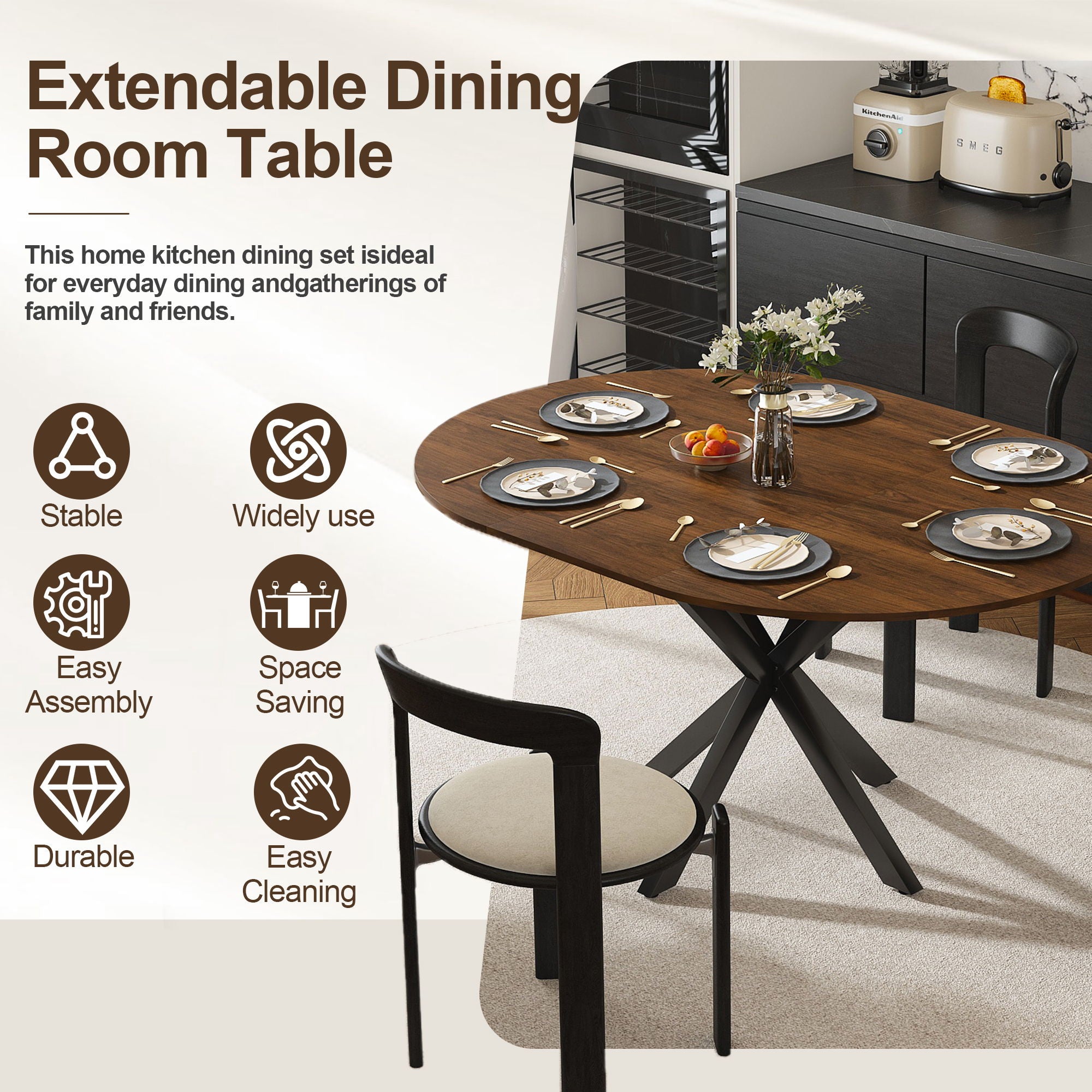 Round Dining Table With Extendable Blades, X Base