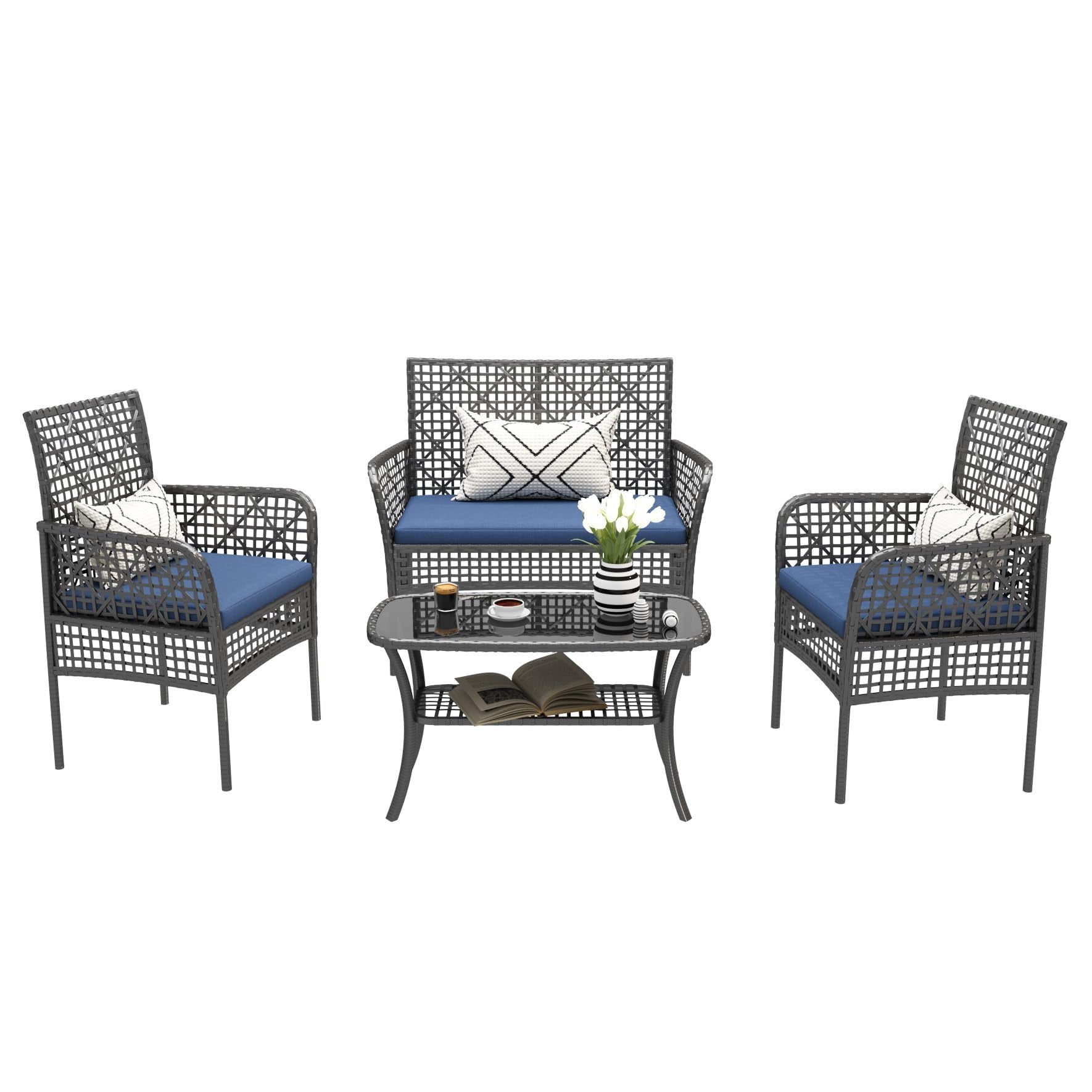 4 Pieces Rattan Wicker Chairs With Tempered Glass Table And Cushions